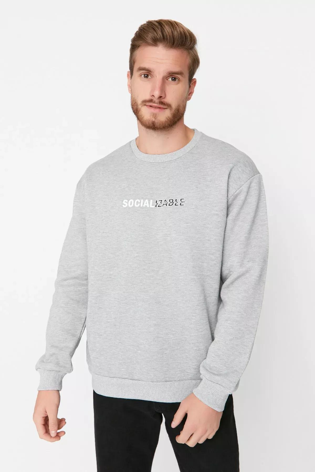 Grey Relaxed Print Crew Neck Sweatshirt, Gray, large image number 0