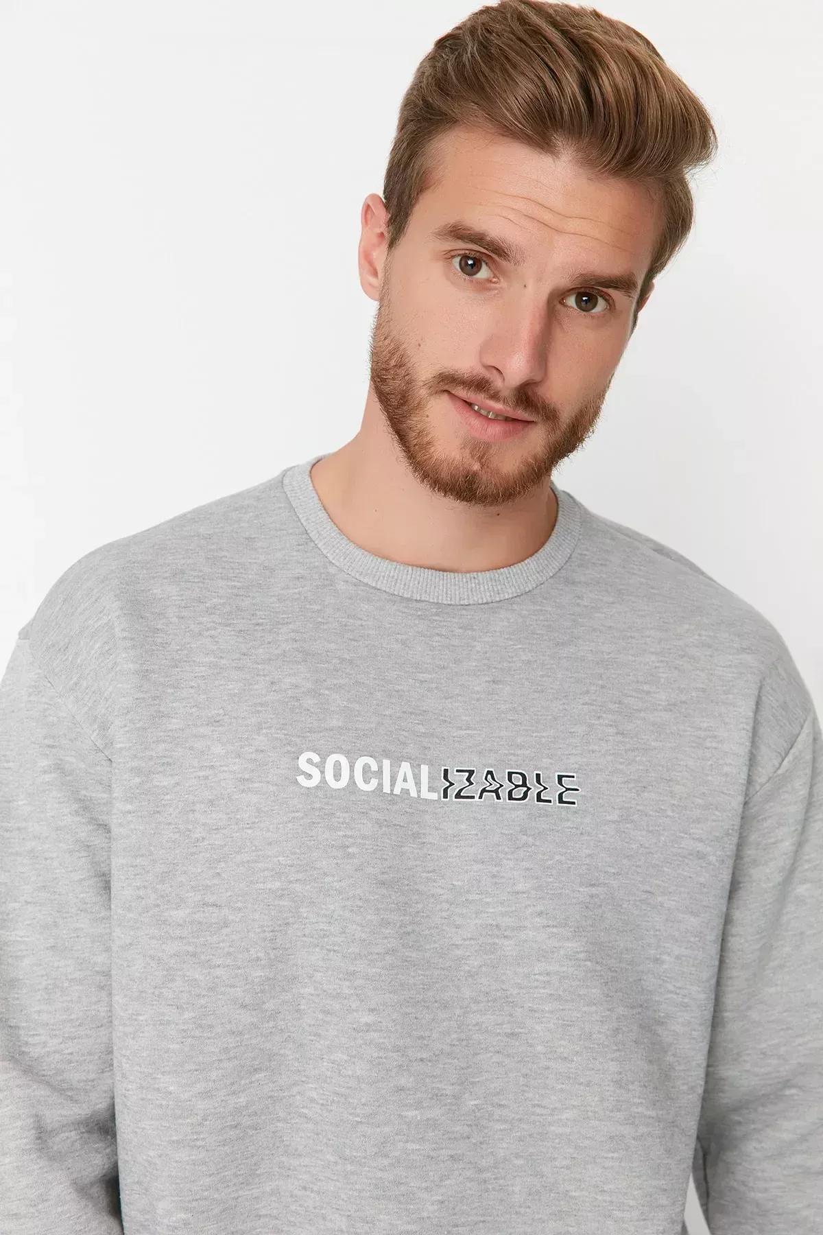 Grey Relaxed Print Crew Neck Sweatshirt, Gray, large image number 1