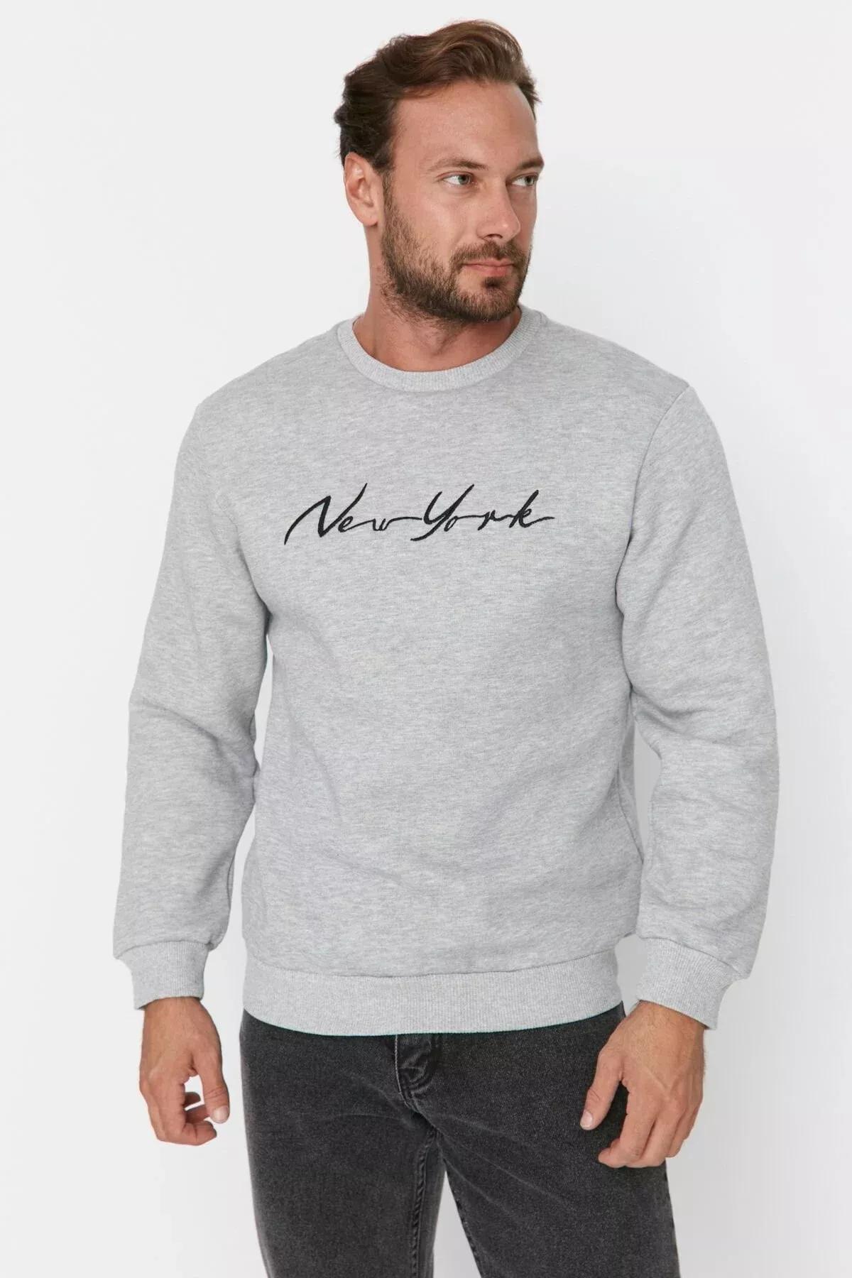 Grey Printed Crew Neck Sweatshirt, Gray, medium