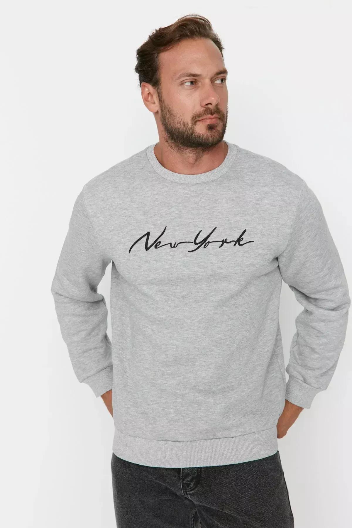 Grey Printed Crew Neck Sweatshirt, Gray, medium