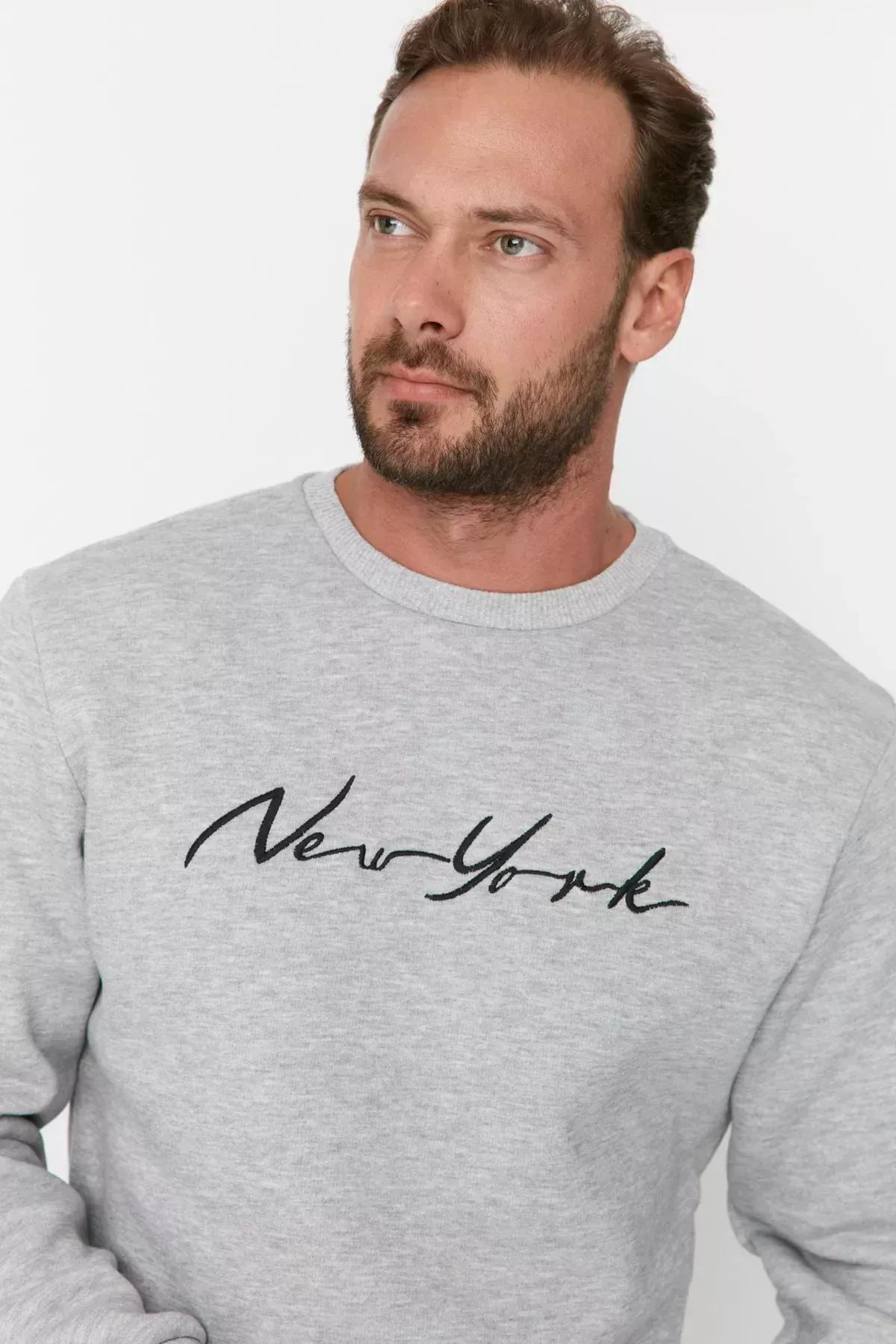 Grey Printed Crew Neck Sweatshirt, Gray, medium