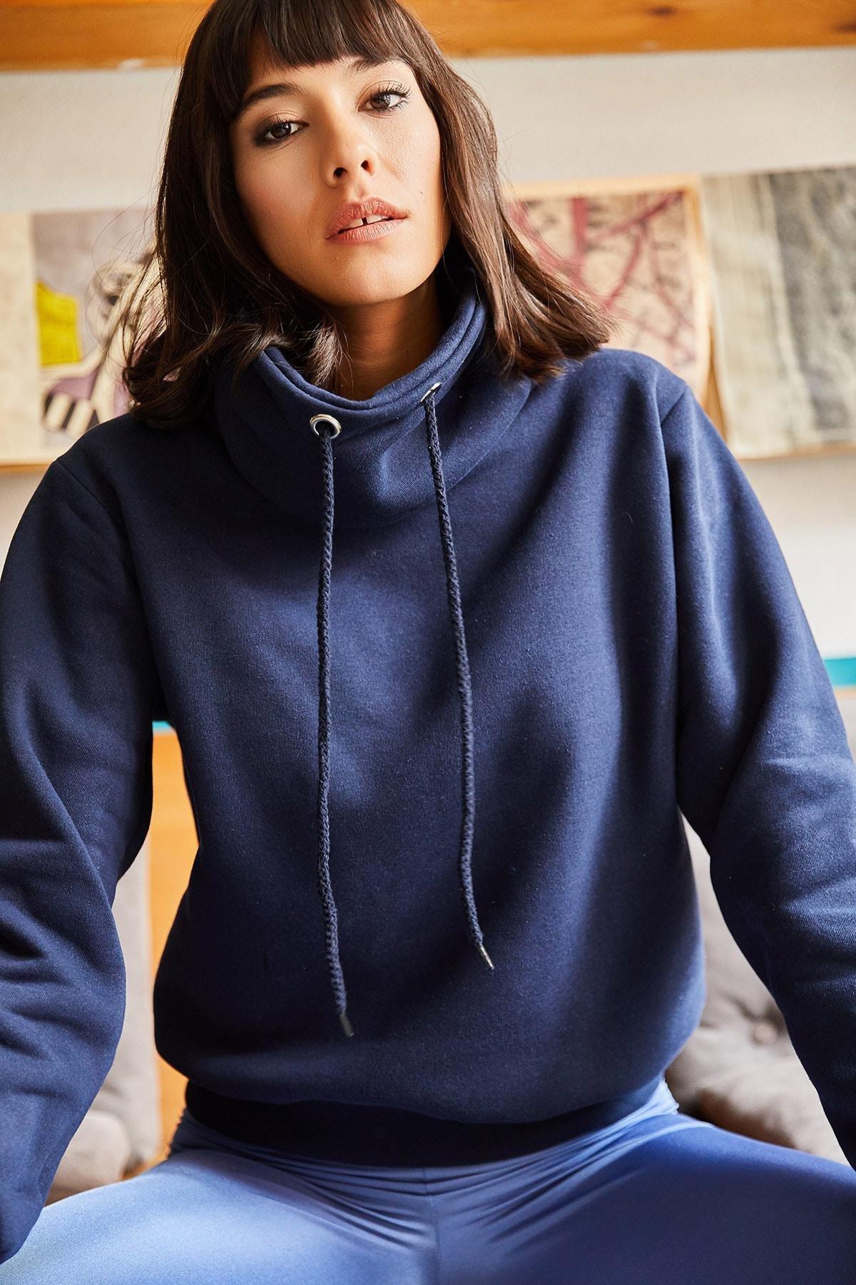 Navy Turtleneck Long Textured Sweatshirt, , medium