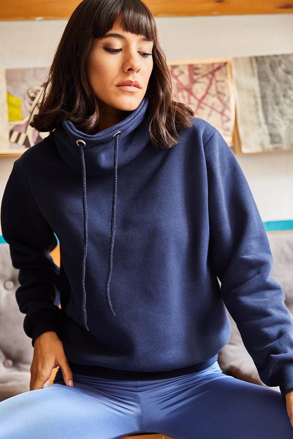 Navy Turtleneck Long Textured Sweatshirt, , large image number 1