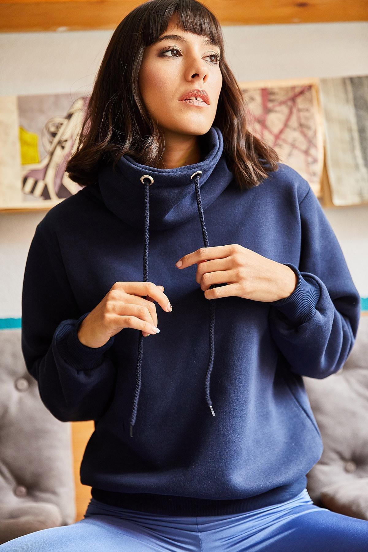 Navy Turtleneck Long Textured Sweatshirt, , large image number 2