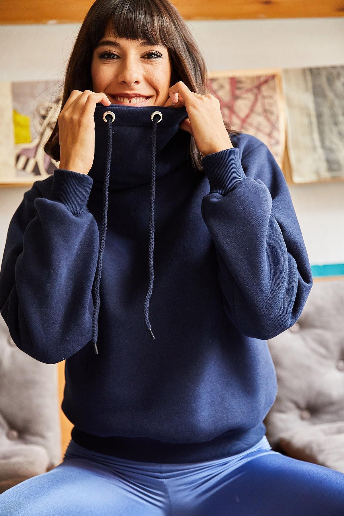 Navy Turtleneck Long Textured Sweatshirt, , large image number 4