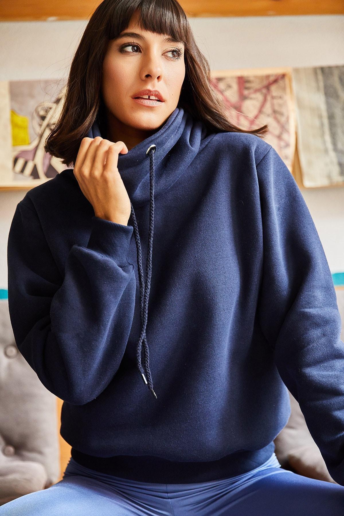 Navy Turtleneck Long Textured Sweatshirt, , large image number 5