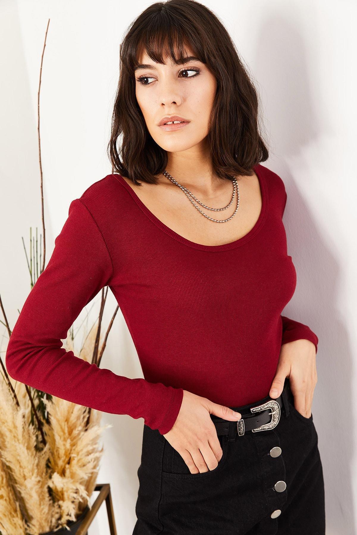 Burgundy Scoop Neck Long Sleeve Fitted Top, , large image number 0