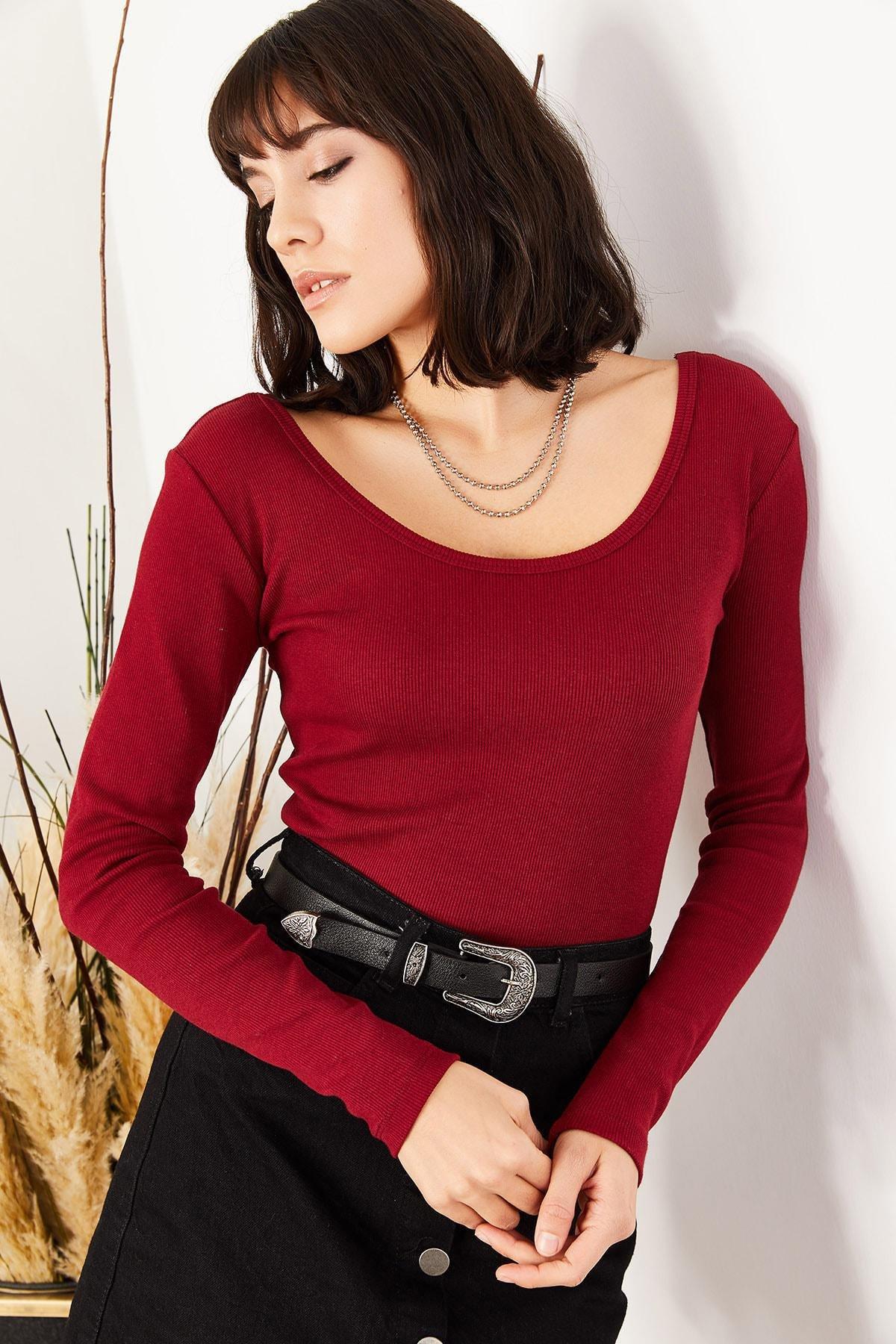 Burgundy Scoop Neck Long Sleeve Fitted Top, Burgundy, large image number 2