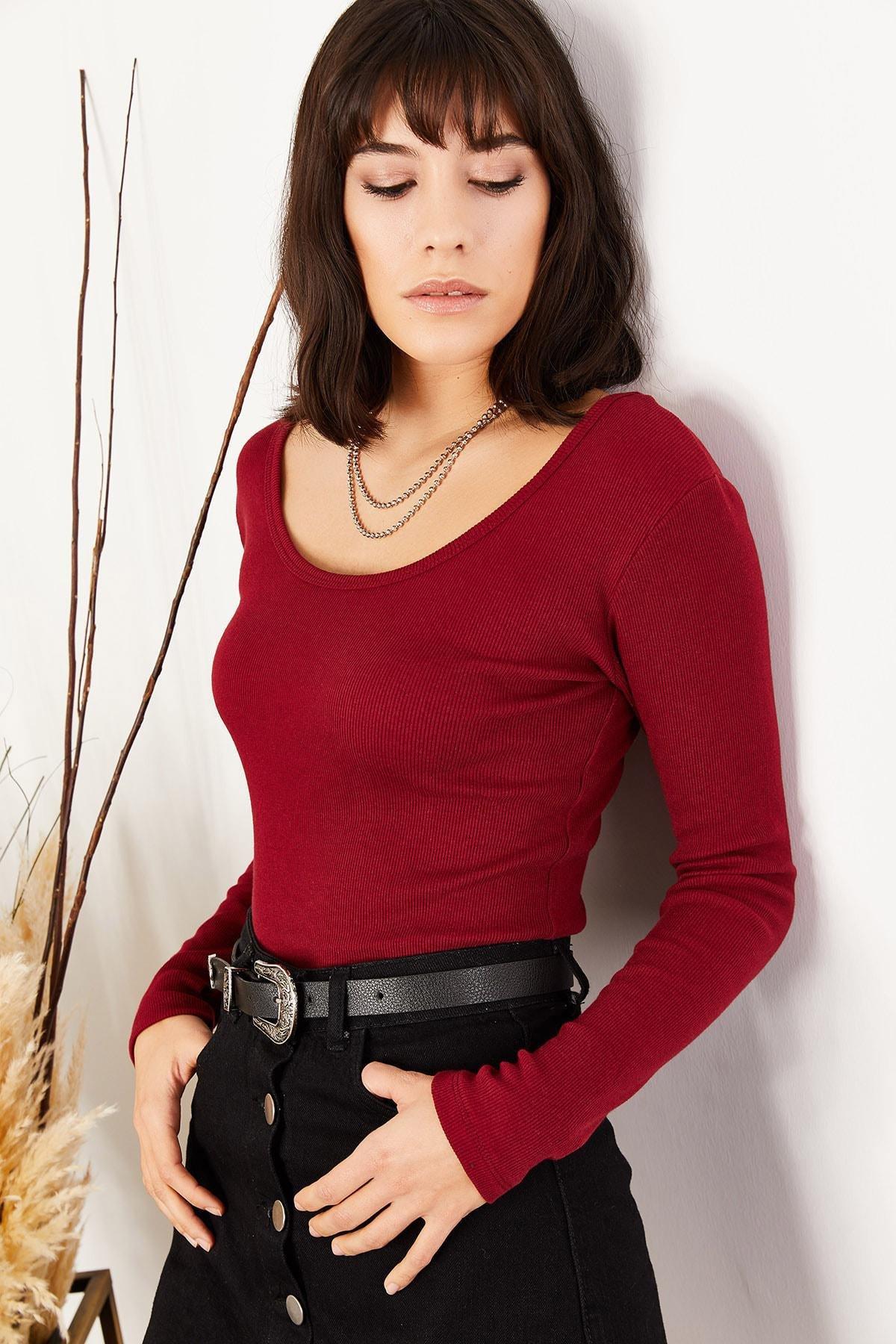 Burgundy Scoop Neck Long Sleeve Fitted Top, Burgundy, large image number 3