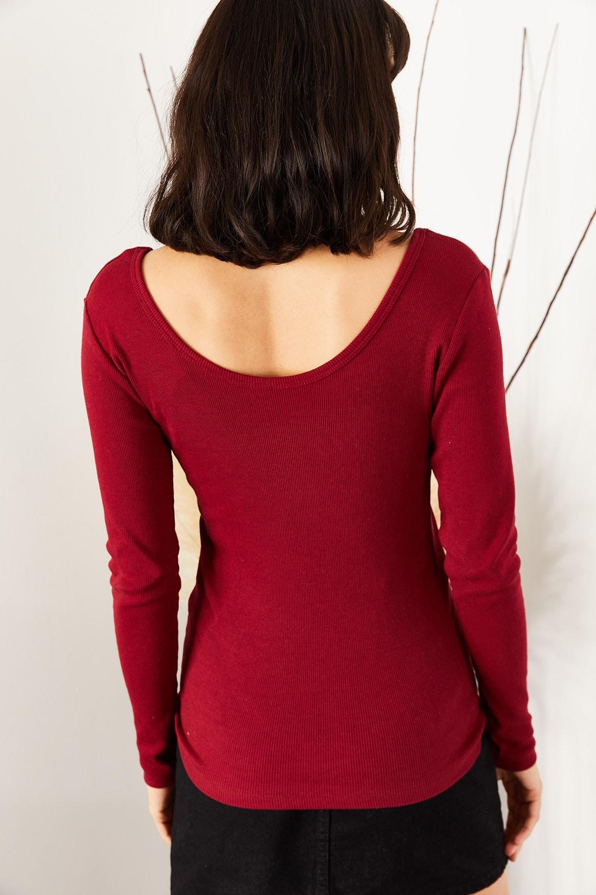 Burgundy Scoop Neck Long Sleeve Fitted Top, , large image number 4