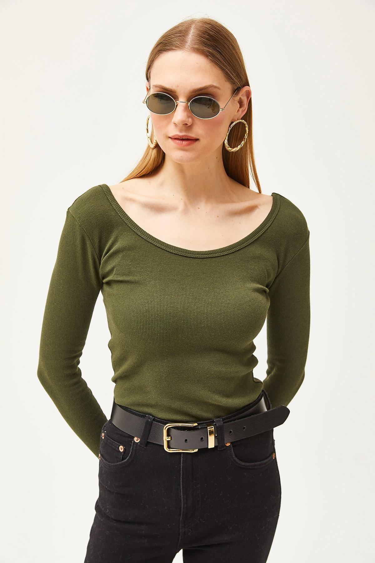 Green Wide Collar Camisole Blouse, Khaki, large image number 2