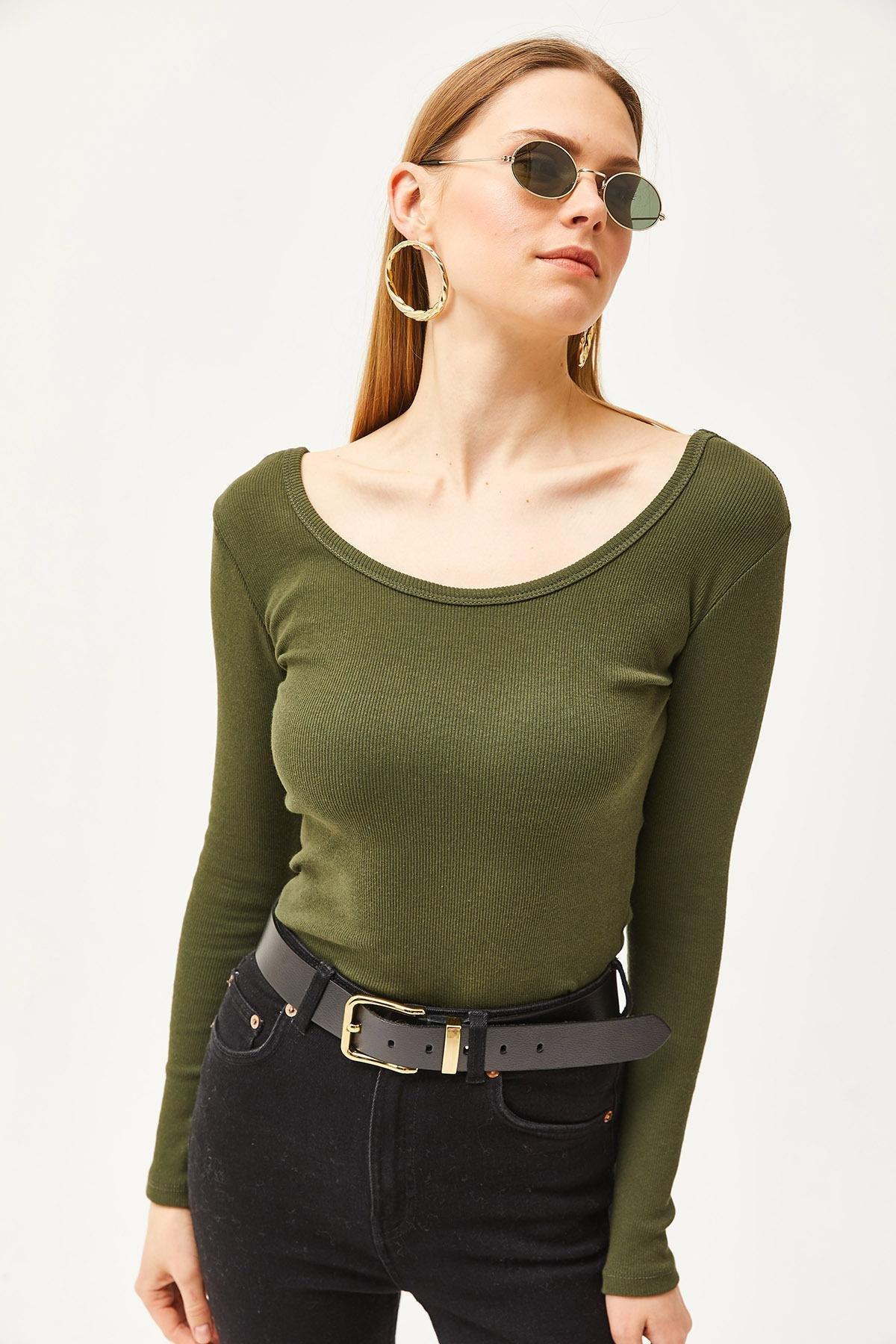 Green Wide Collar Camisole Blouse, Khaki, large image number 3