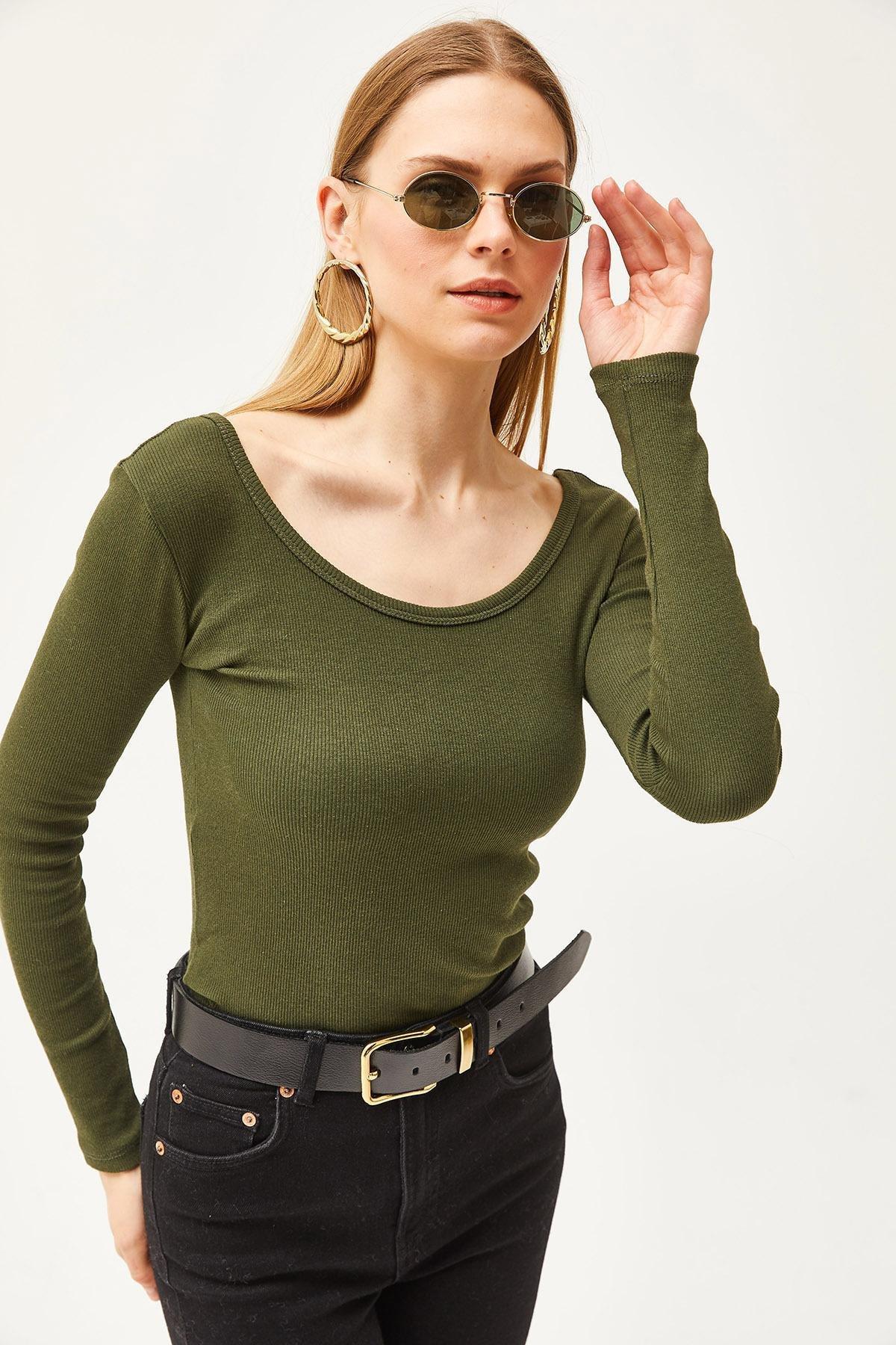 Green Wide Collar Camisole Blouse, Khaki, large image number 4