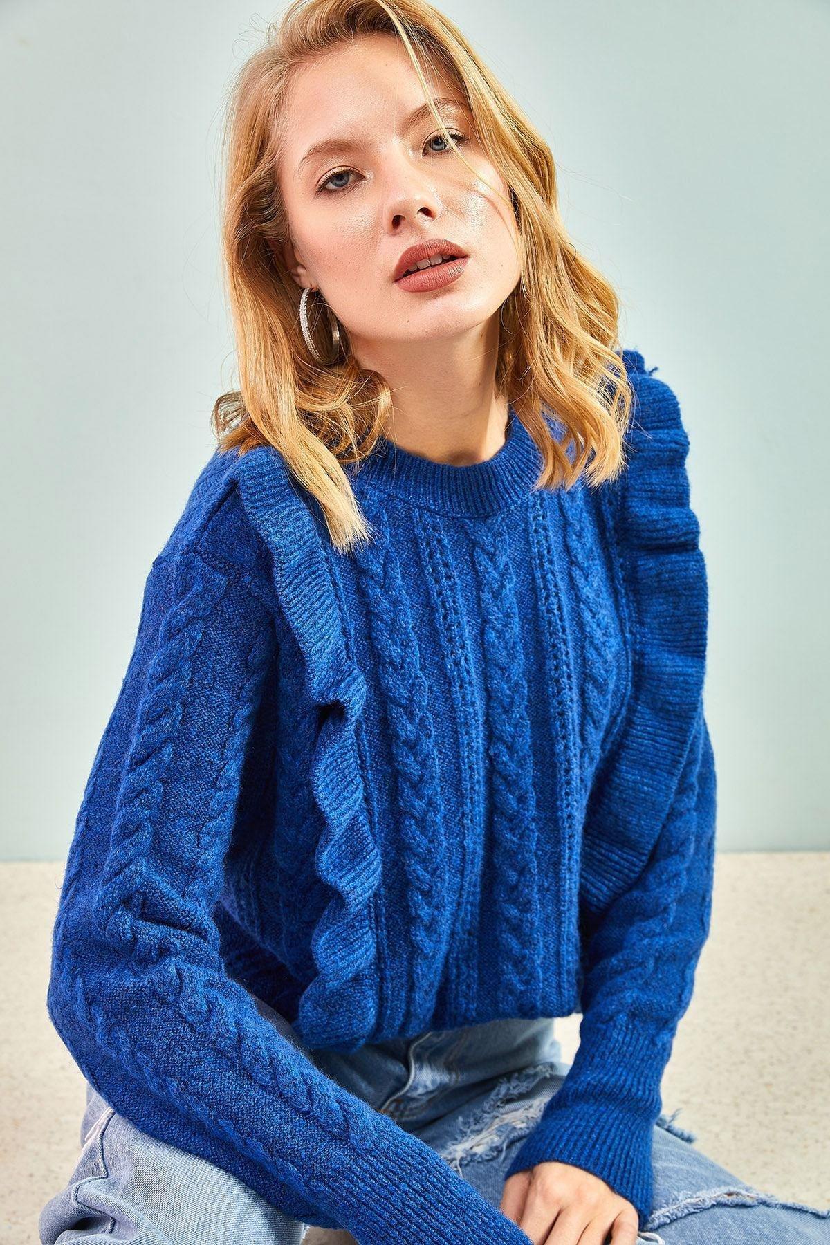 Navy Openwork Frilly Fluffy Sweater, DARK BLUE, large image number 0