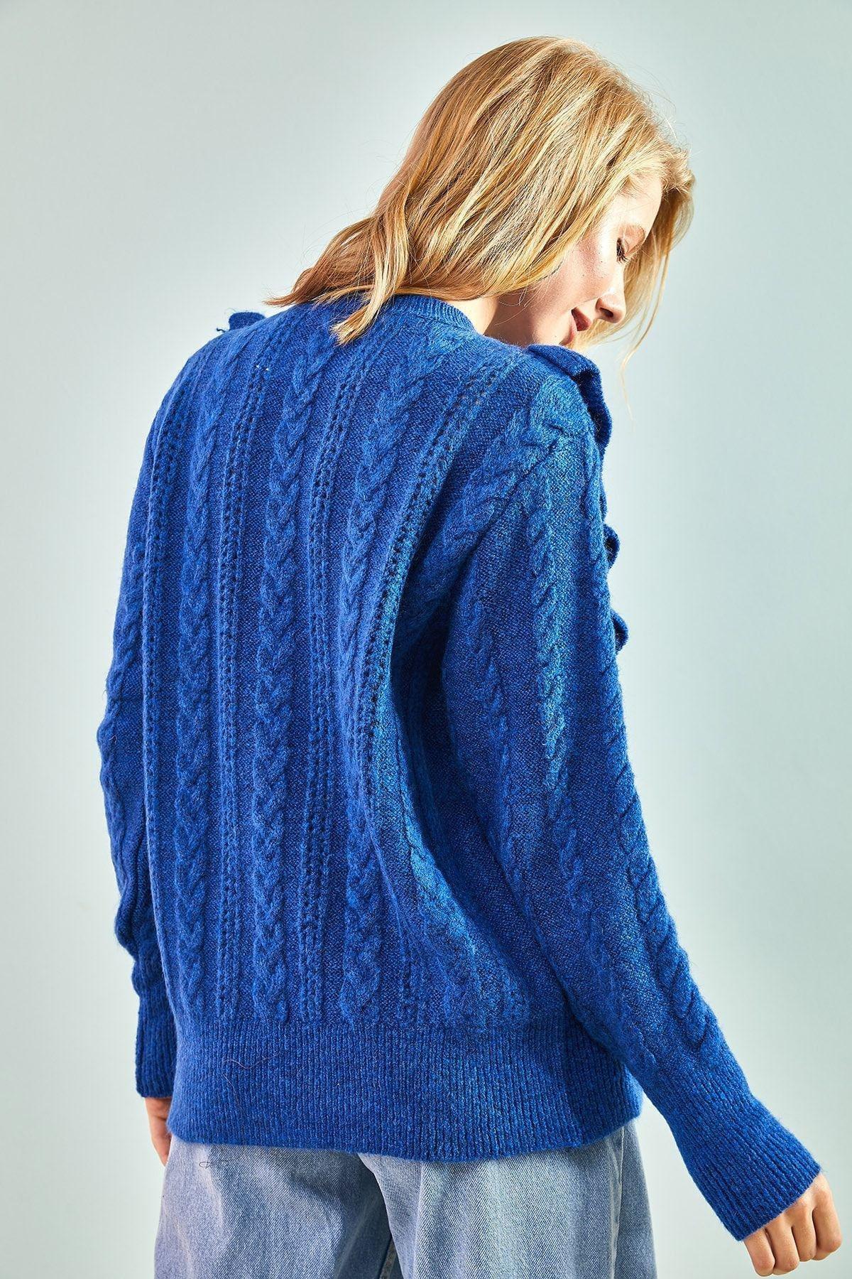 Navy Openwork Frilly Fluffy Sweater, DARK BLUE, large image number 2