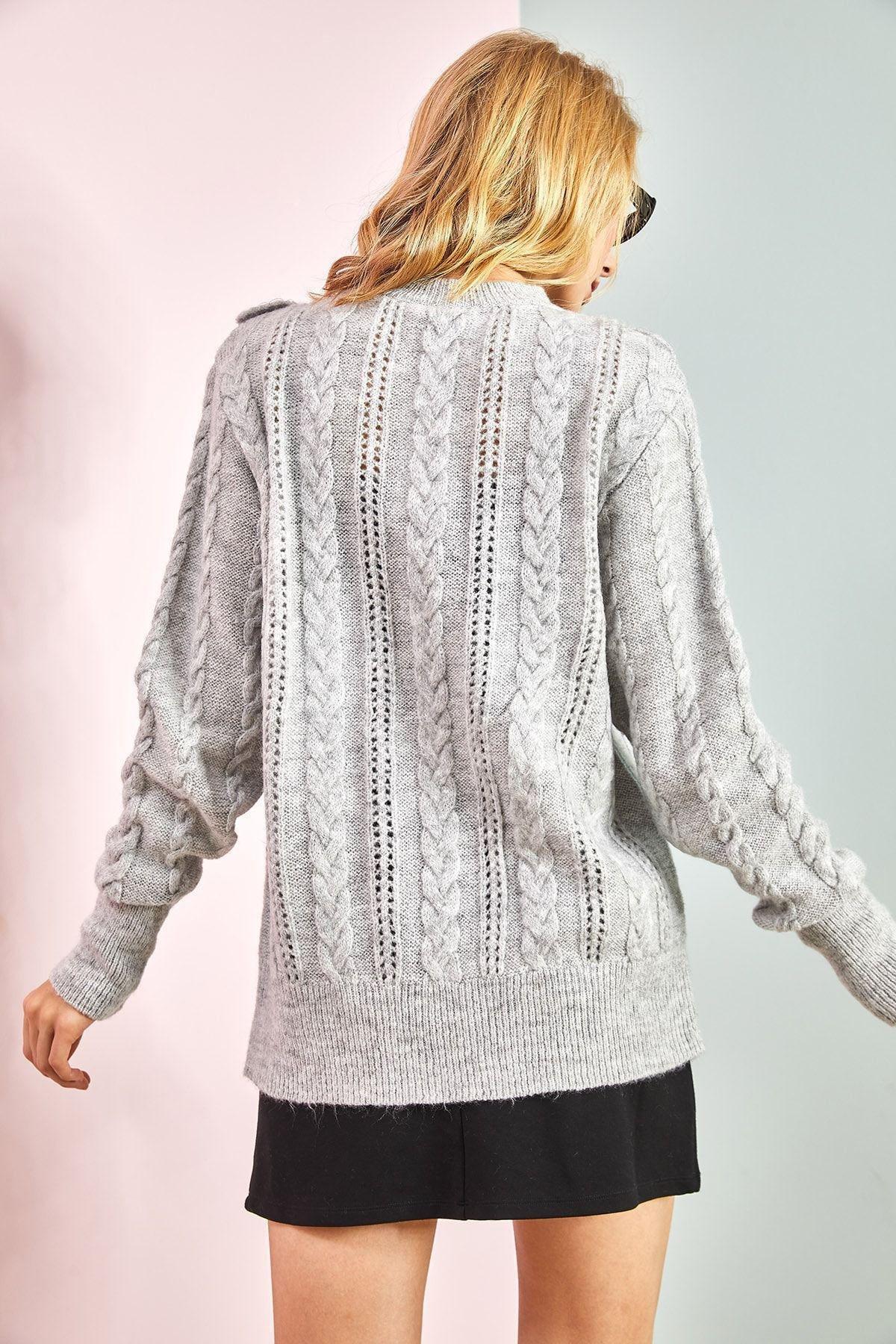 Grey Openwork Frilly Fluffy Sweater, Grey, large image number 5