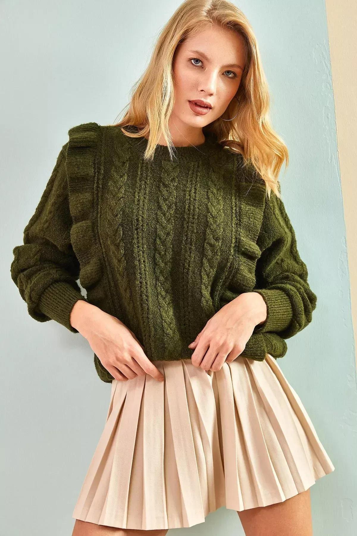 Khaki Openwork Frilly Fluffy Sweater, Khaki, large image number 1