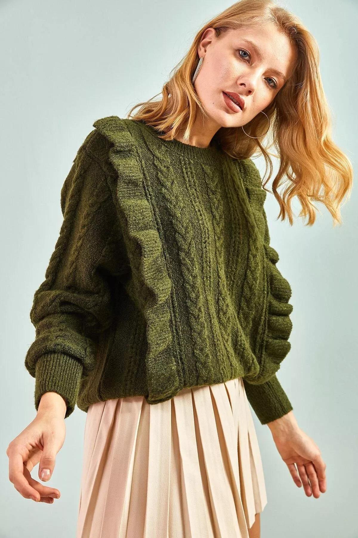 Khaki Openwork Frilly Fluffy Sweater, Khaki, large image number 3