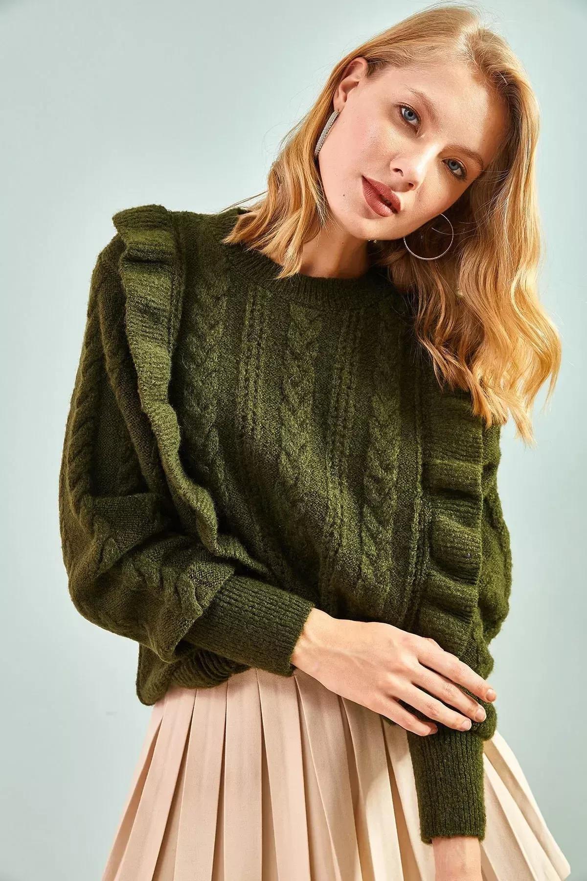 Khaki Openwork Frilly Fluffy Sweater, Khaki, large image number 4