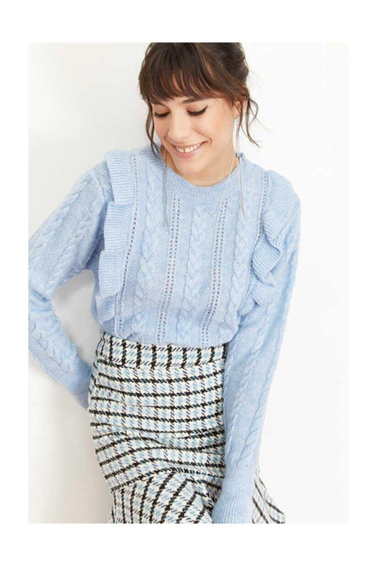 Blue Openwork Frilly Sweater, Blue, large image number 0