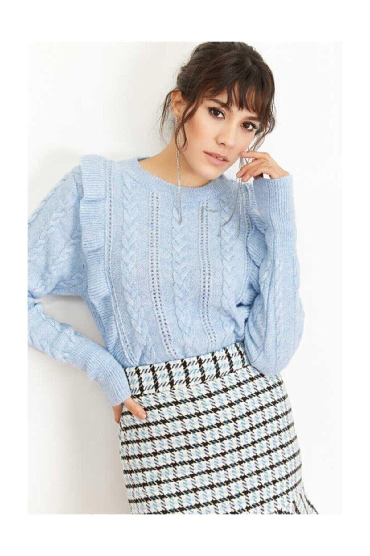 Blue Openwork Frilly Sweater, Blue, large image number 1