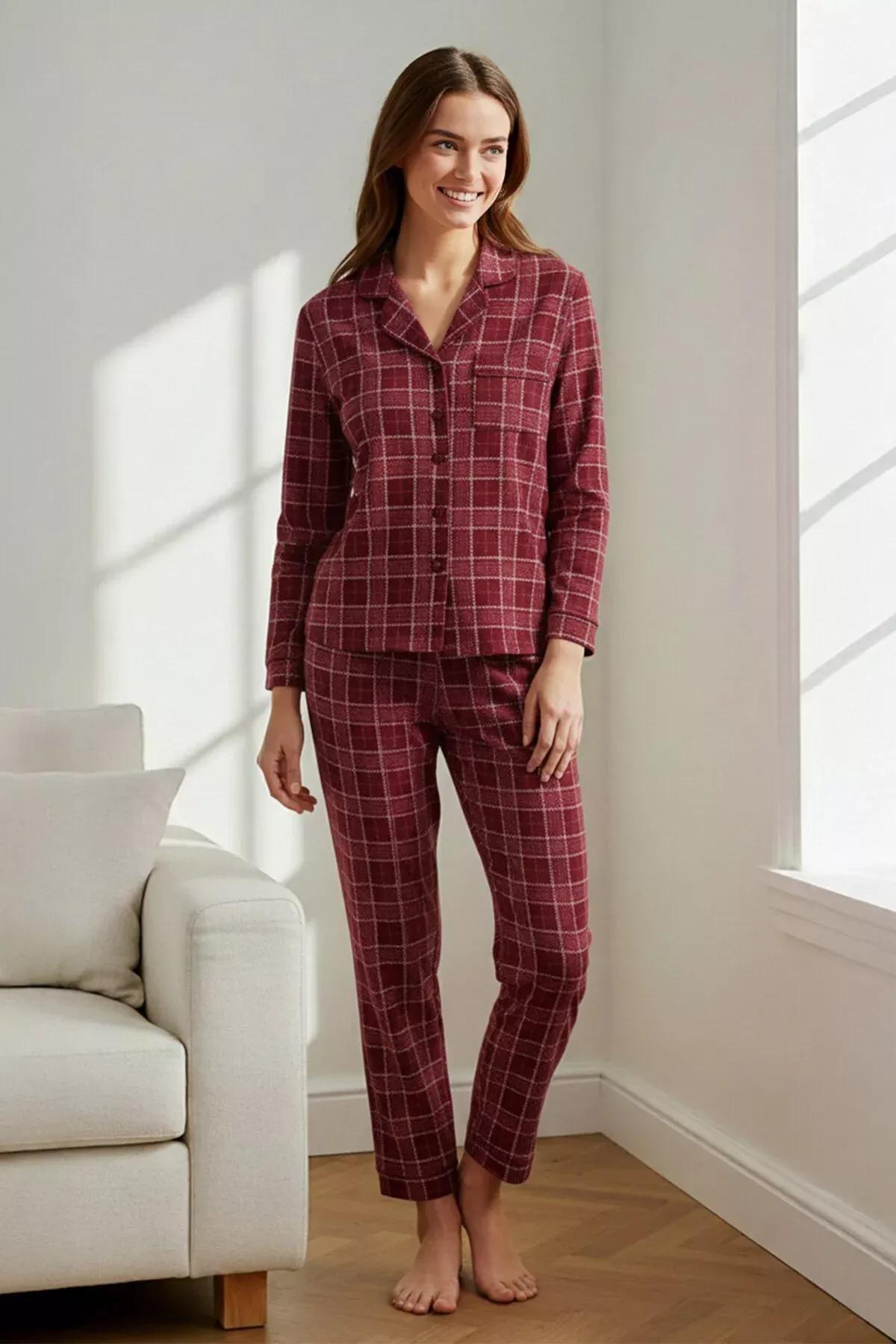 Claret Red 100% Cotton Plaid Knitted Pajama Set THMAW20PT0266, 2 pcs, Burgundy, medium