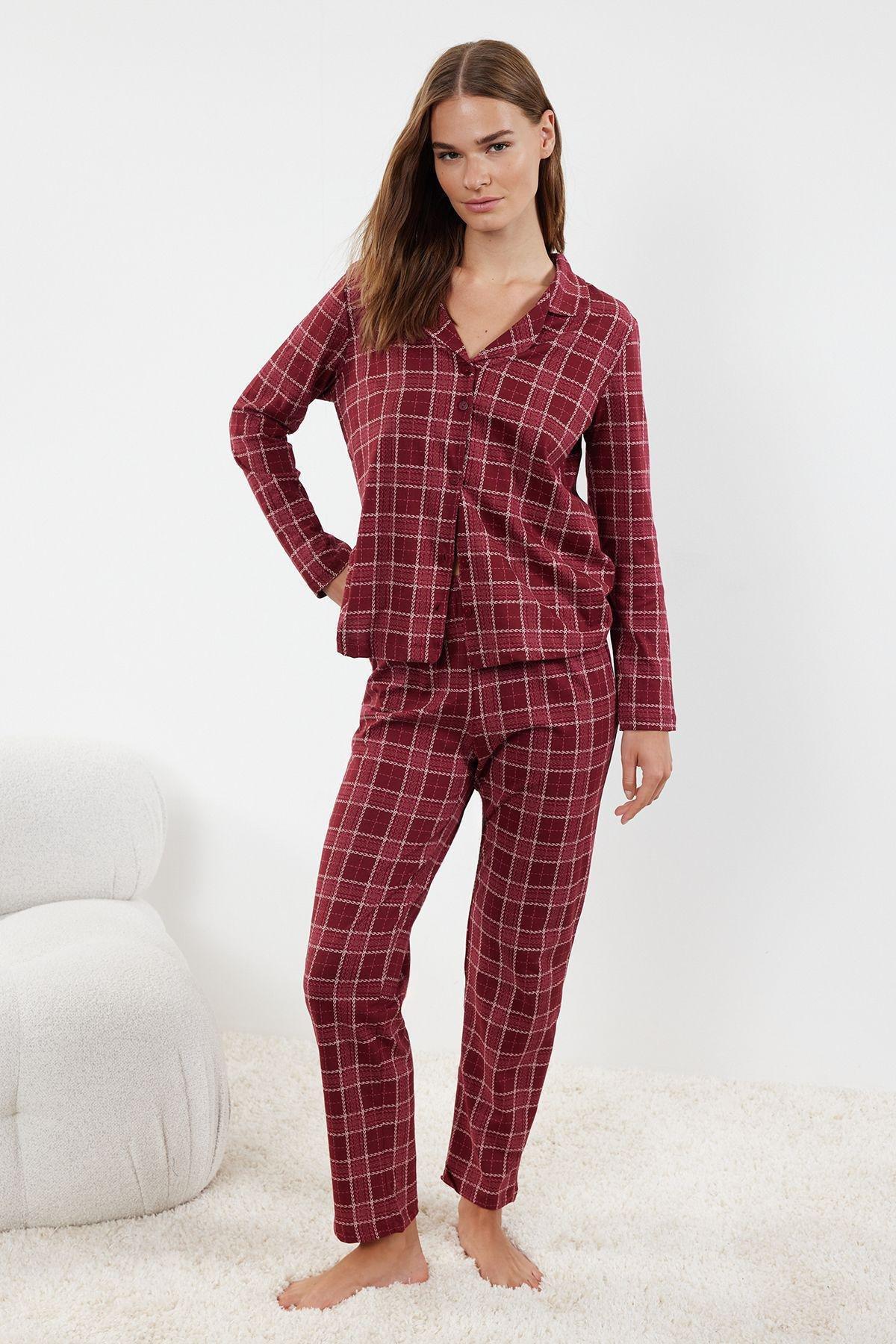 Claret Red 100% Cotton Plaid Knitted Pajama Set THMAW20PT0266, 2 pcs, Burgundy, medium