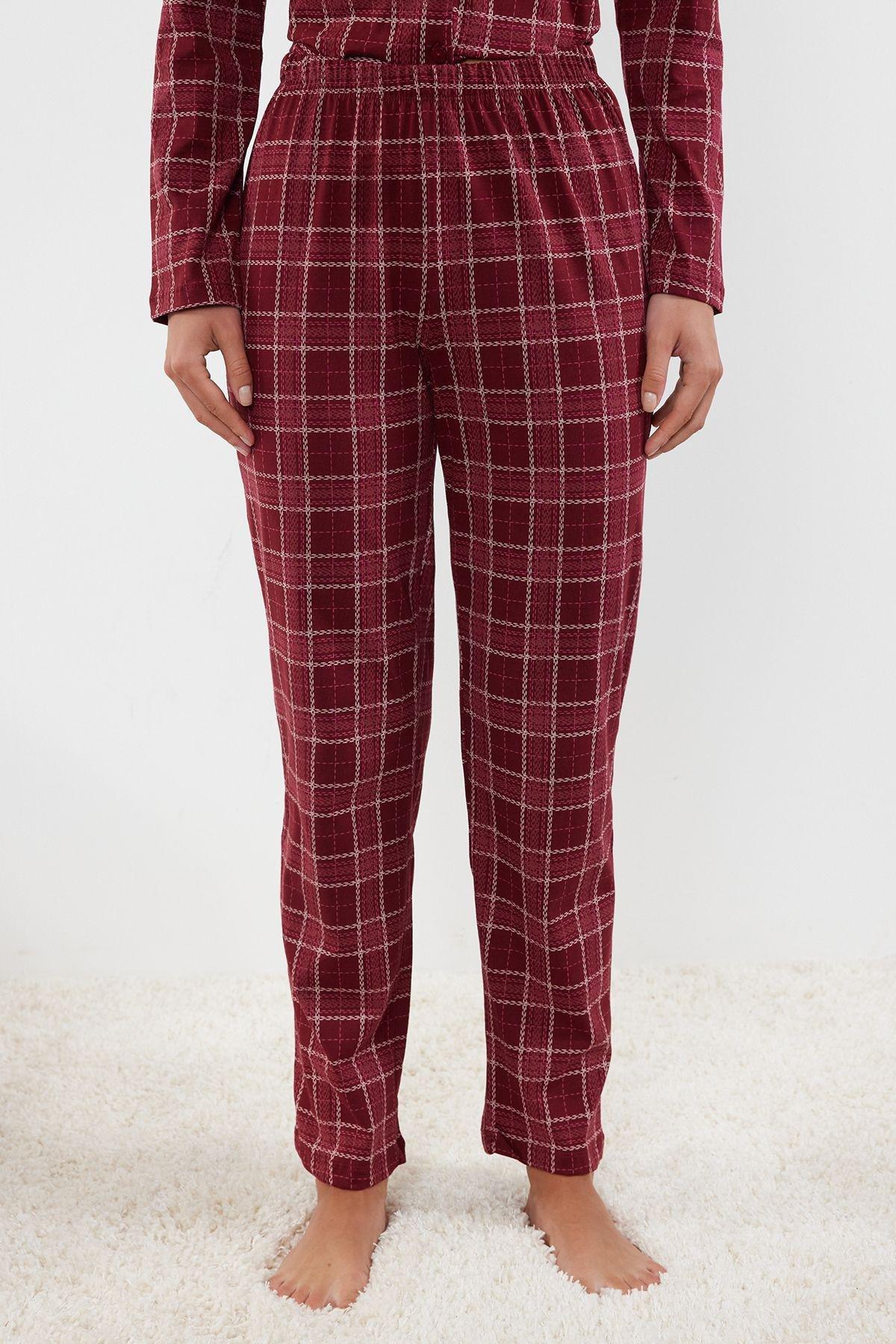 Claret Red 100% Cotton Plaid Knitted Pajama Set THMAW20PT0266, 2 pcs, Burgundy, large image number 3