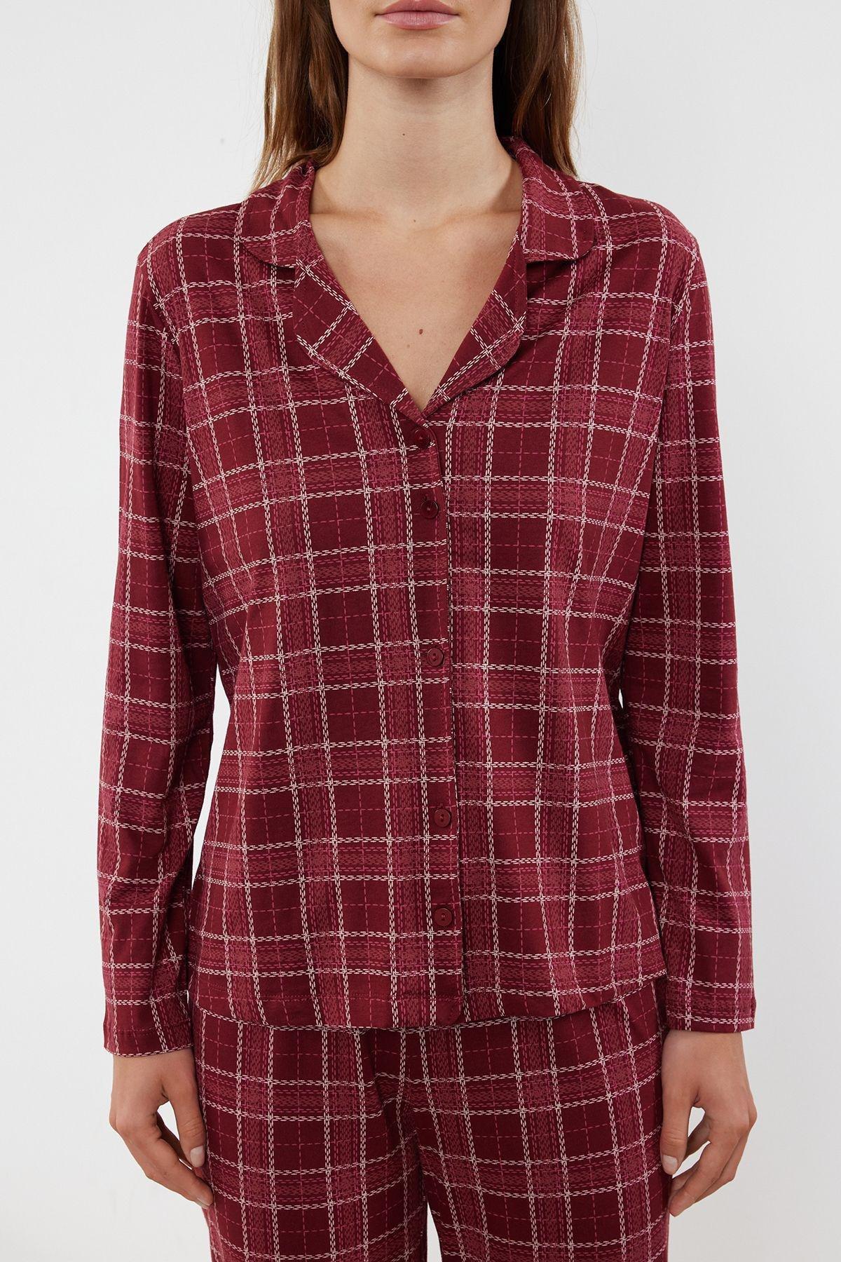 Claret Red 100% Cotton Plaid Knitted Pajama Set THMAW20PT0266, 2 pcs, Burgundy, large image number 4