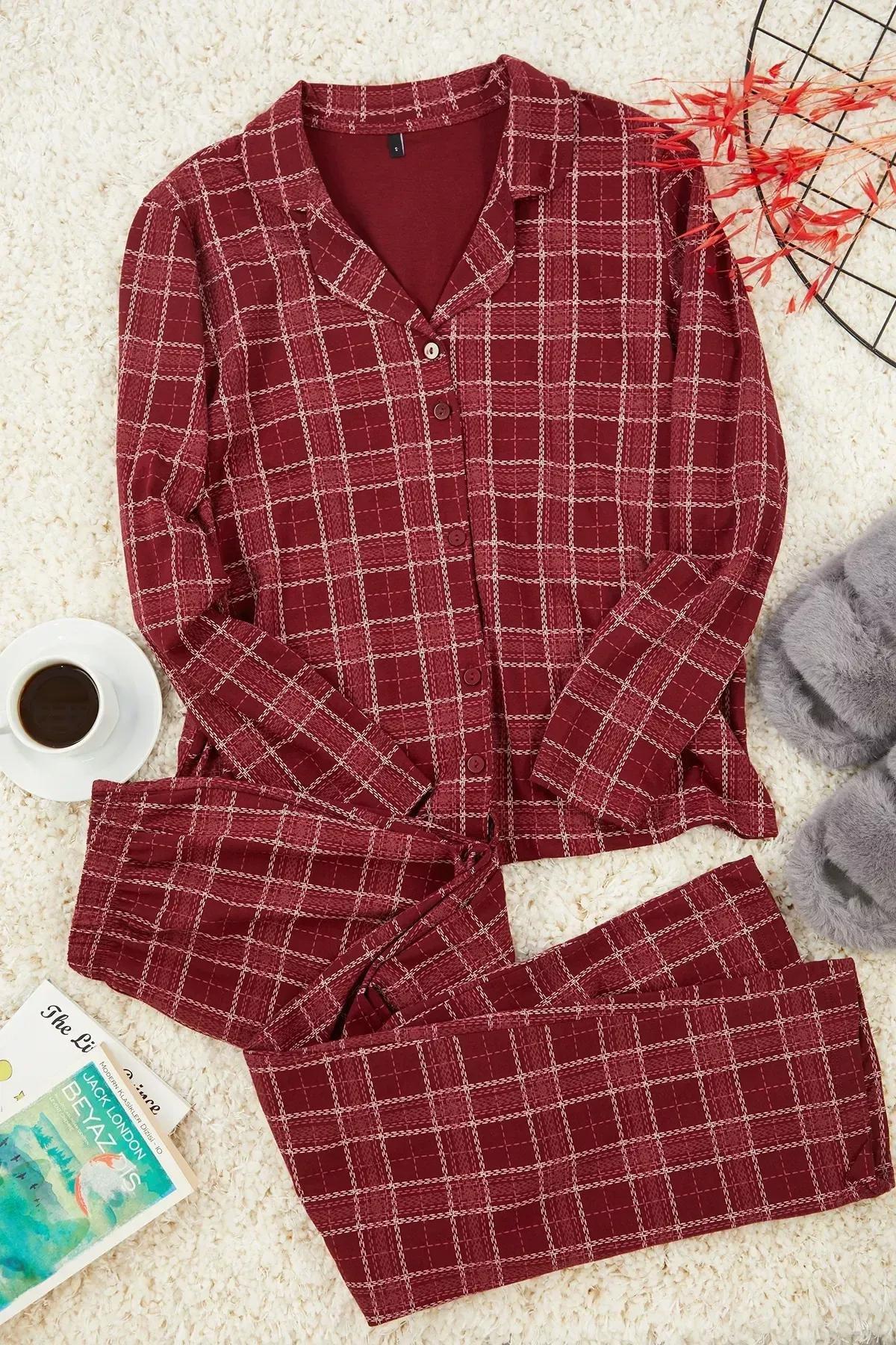 Claret Red 100% Cotton Plaid Knitted Pajama Set THMAW20PT0266, 2 pcs, Burgundy, large image number 6