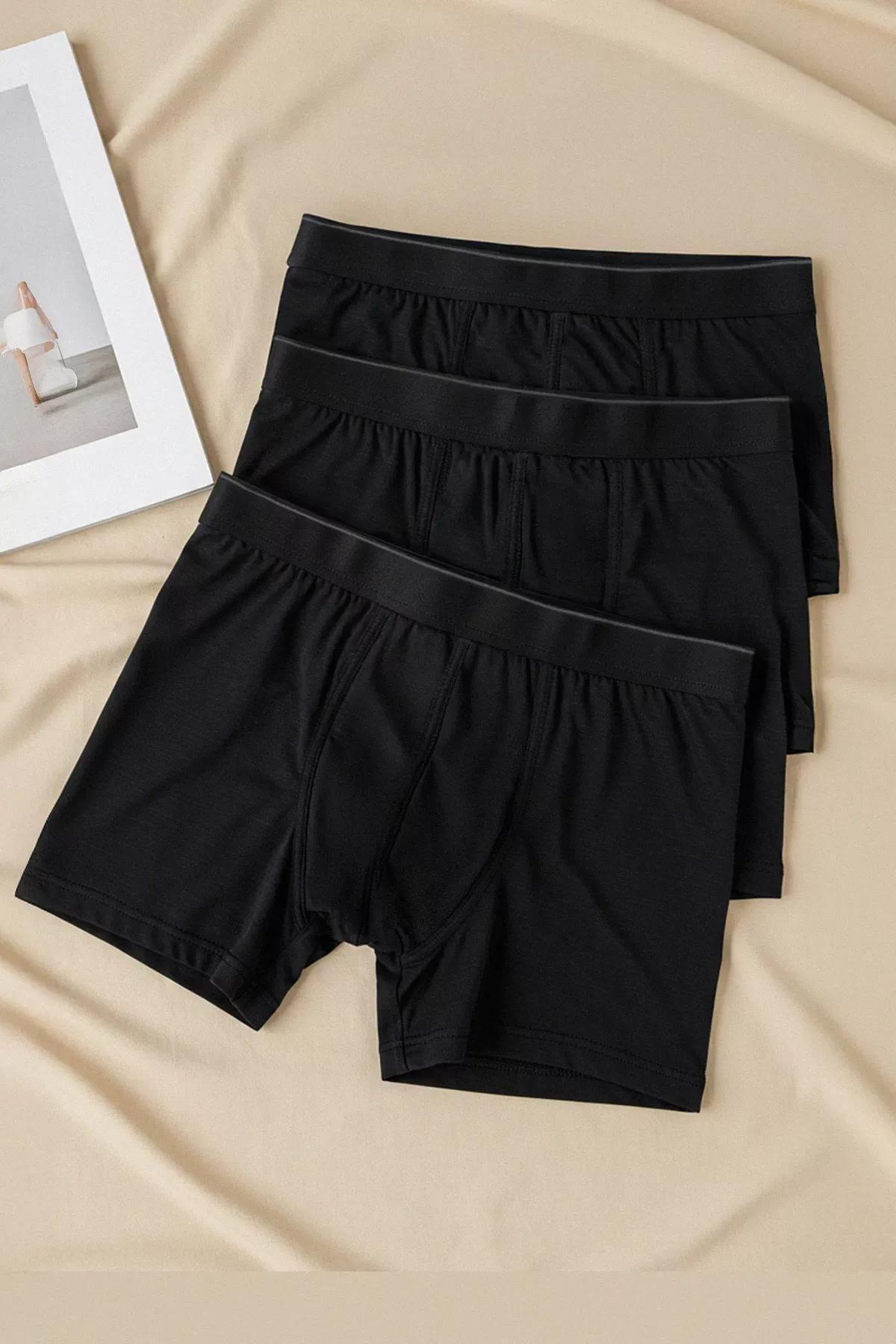 Black Mid Waist Boxer Shorts, Set Of 3, Black, medium