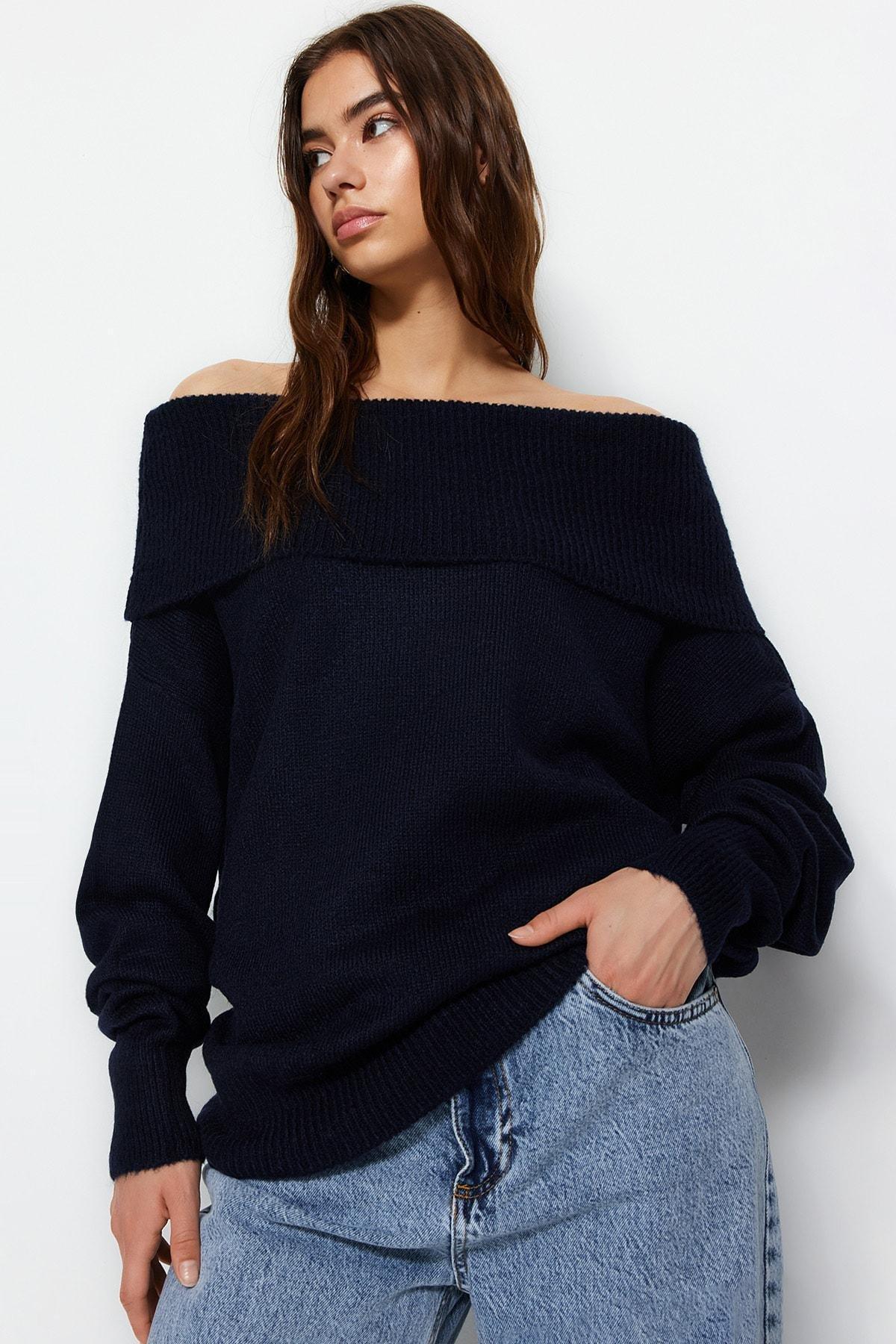 Navy Carmen Collar Sweater, Dark blue, large image number 2