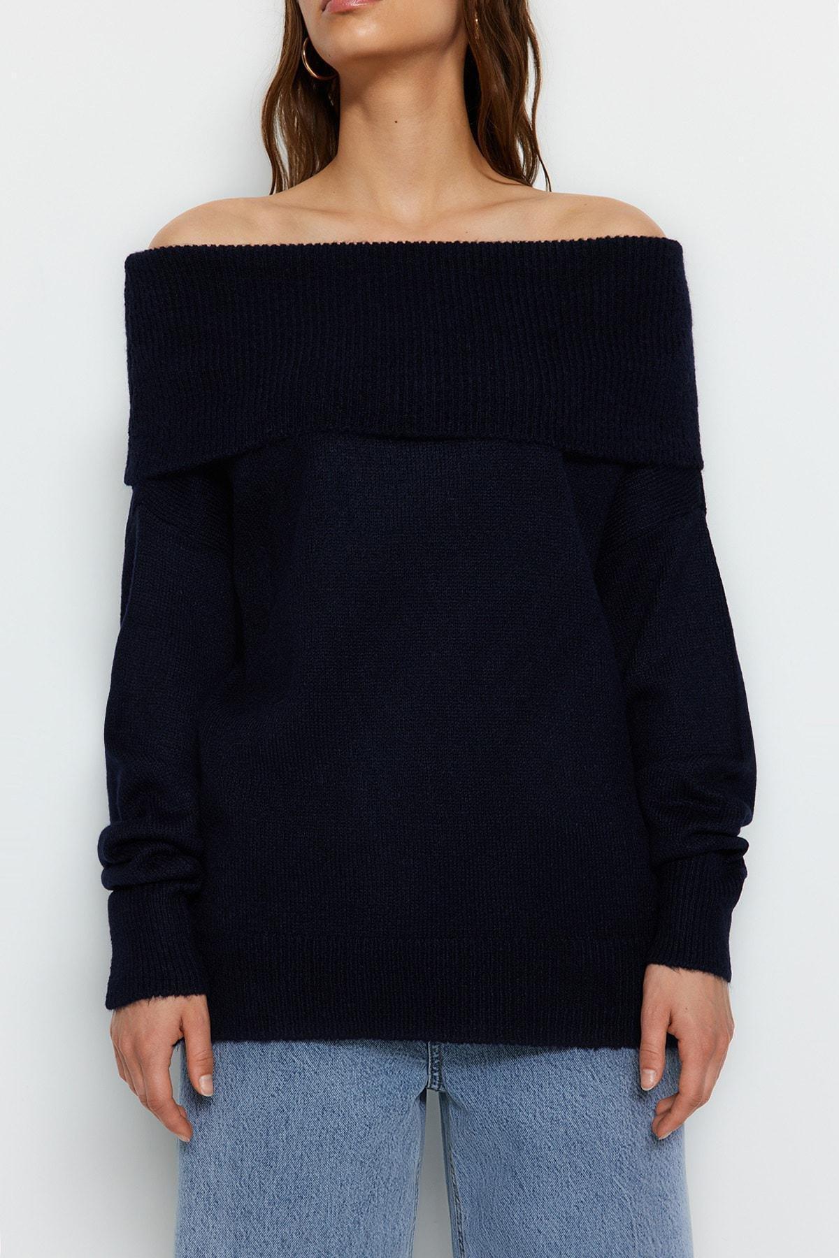 Navy Carmen Collar Sweater, Dark blue, large image number 3