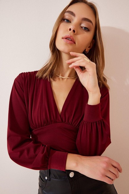 Happiness - Burgundy V-Neck Polyester Crop Top