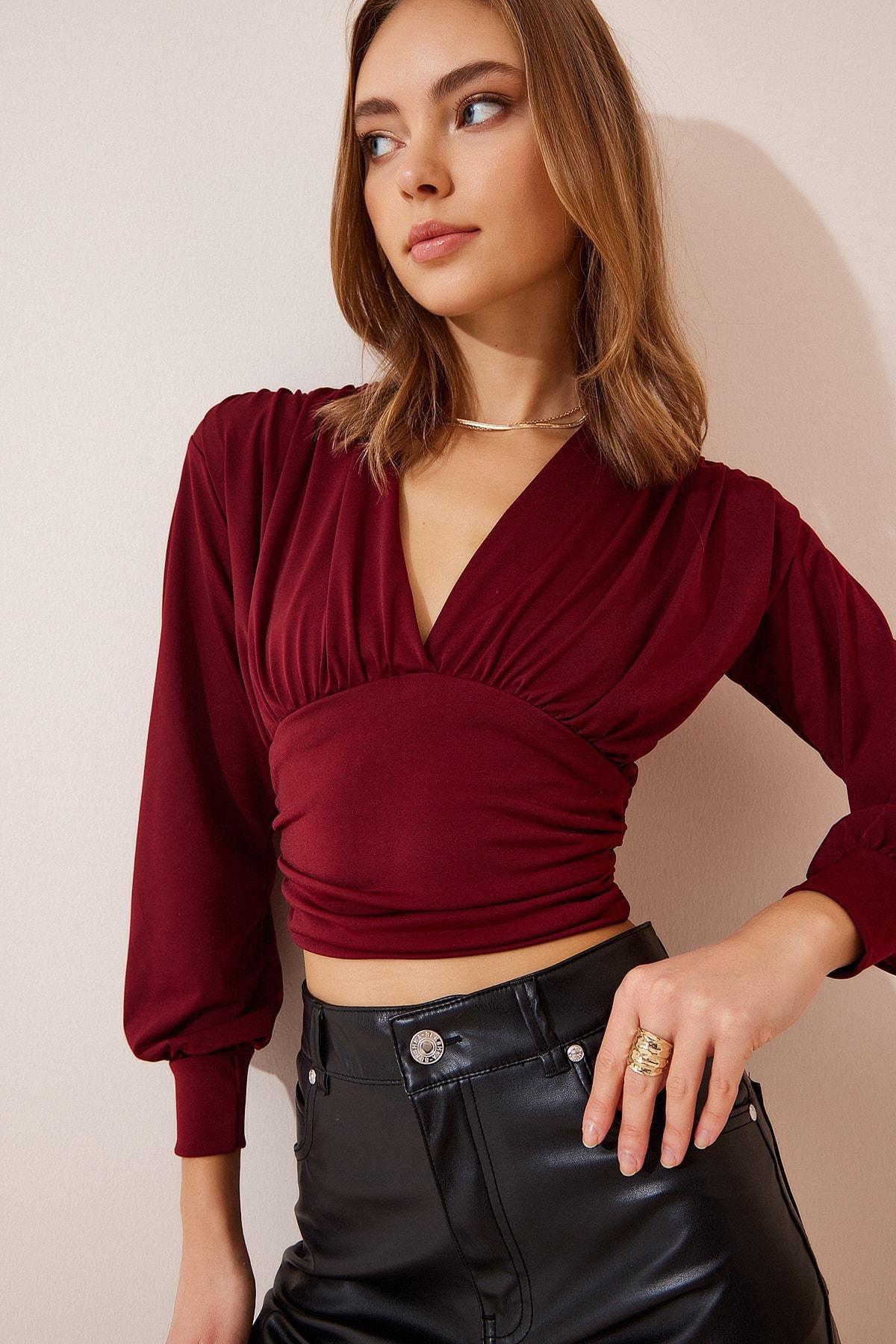 Happiness Istanbul - Burgundy V-Neck Polyester Crop Top