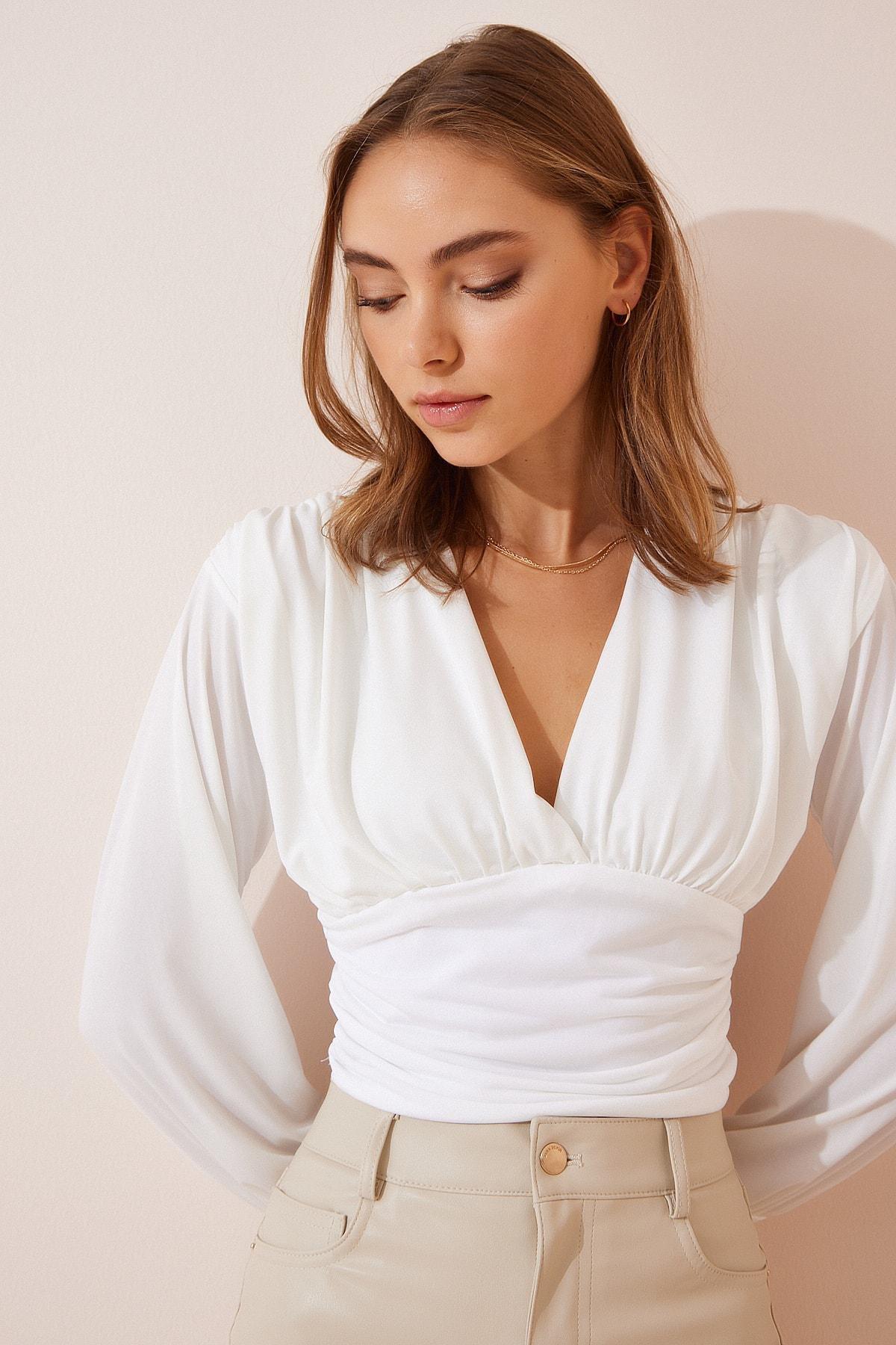 White V-Neck Polyester Crop Top, , large image number 2