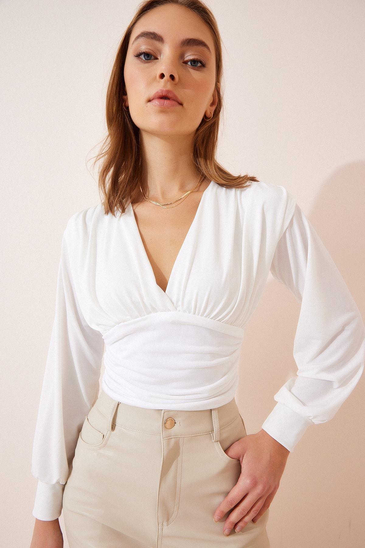White V-Neck Polyester Crop Top, , large image number 3