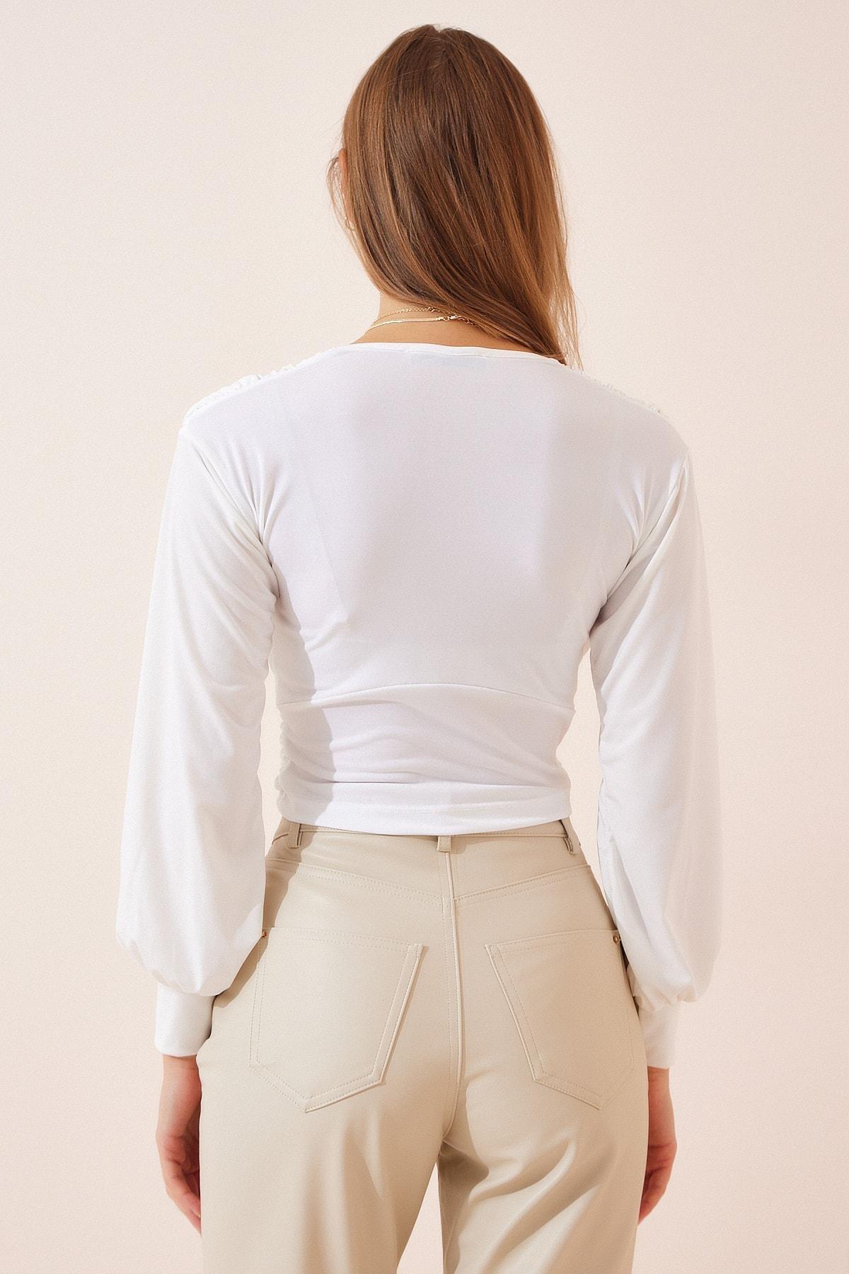White V-Neck Polyester Crop Top, , large image number 4