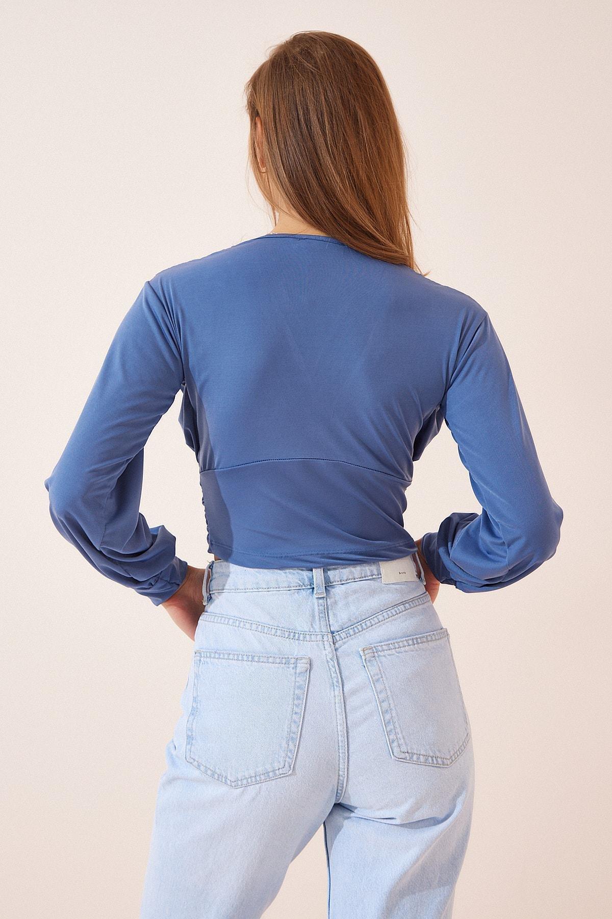 Navy V-Neck Polyester Crop Top, INDIGO BLUE, large image number 3