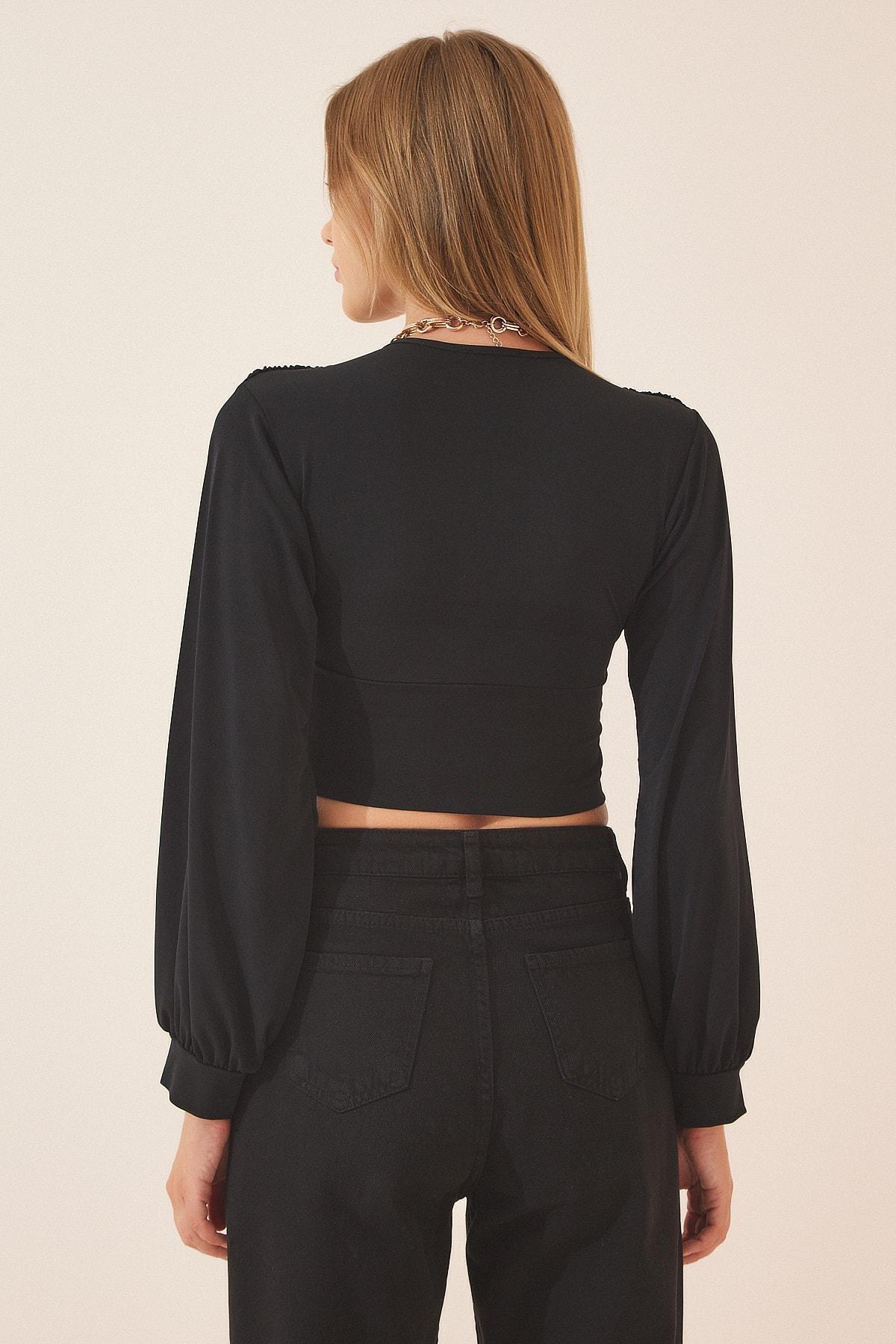 Black V-Neck Polyester Crop Top, , large image number 3