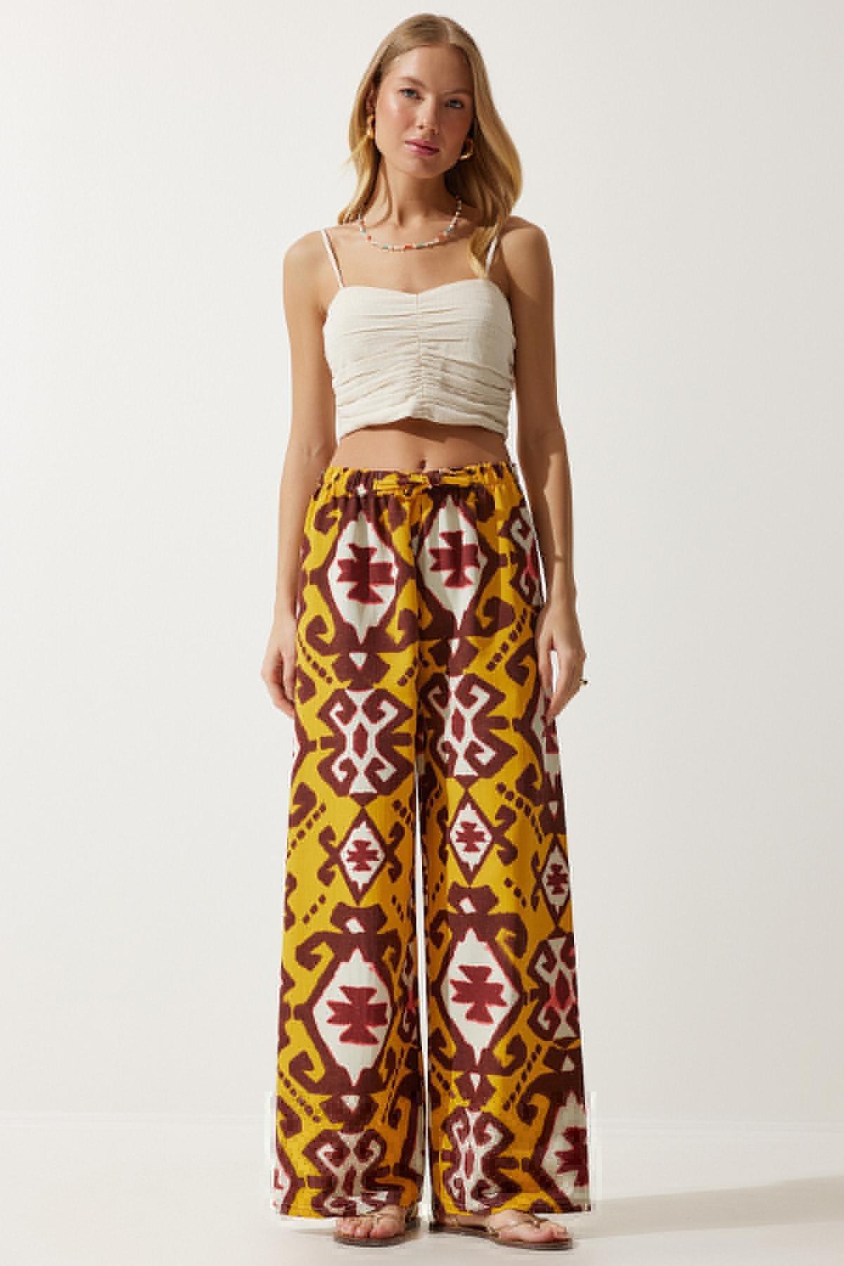 Yellow Patterned Palazzo Trousers, , large image number 0