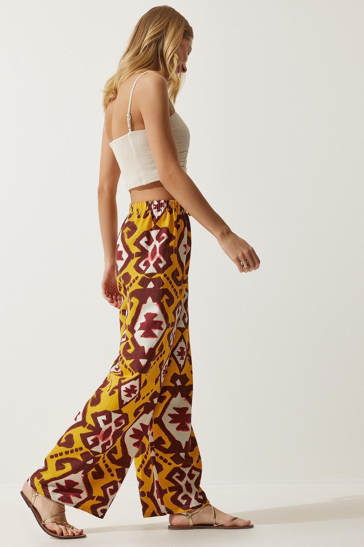 Yellow Patterned Palazzo Trousers, , large image number 1