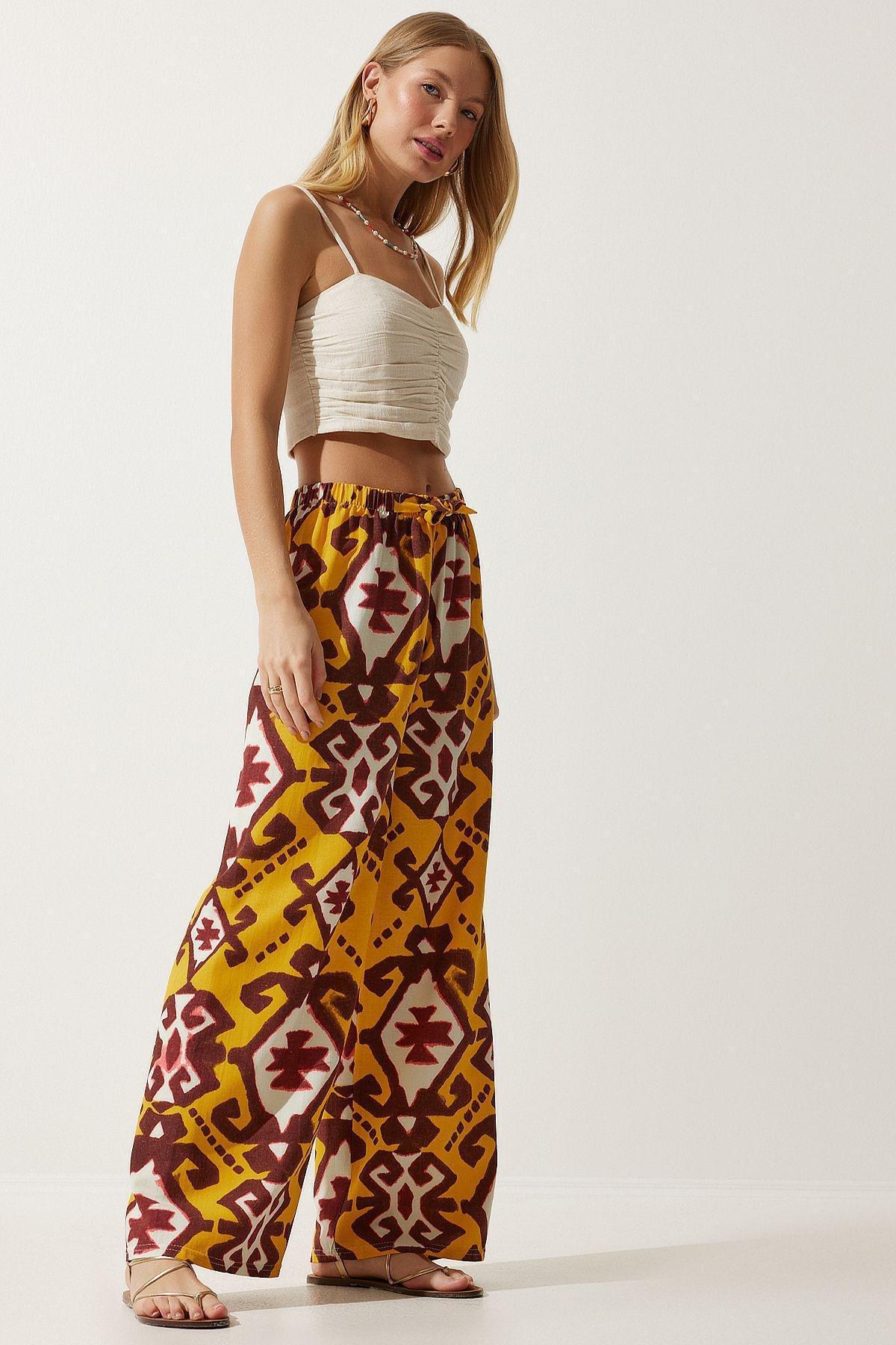 Yellow Patterned Palazzo Trousers, , large image number 2