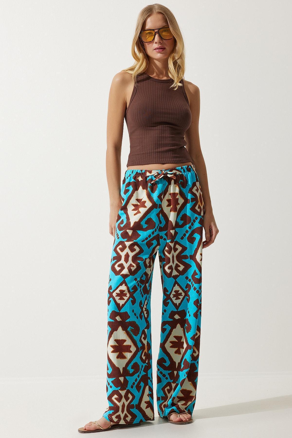 Blue Patterned Palazzo Trousers, , large image number 0
