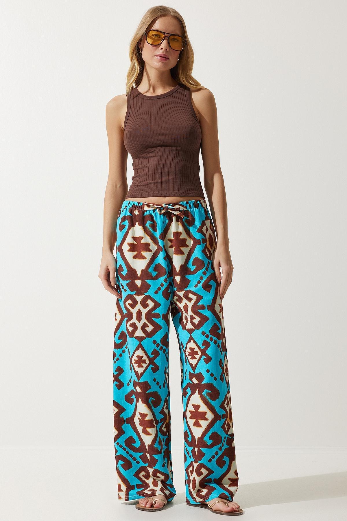 Blue Patterned Palazzo Trousers, , large image number 1