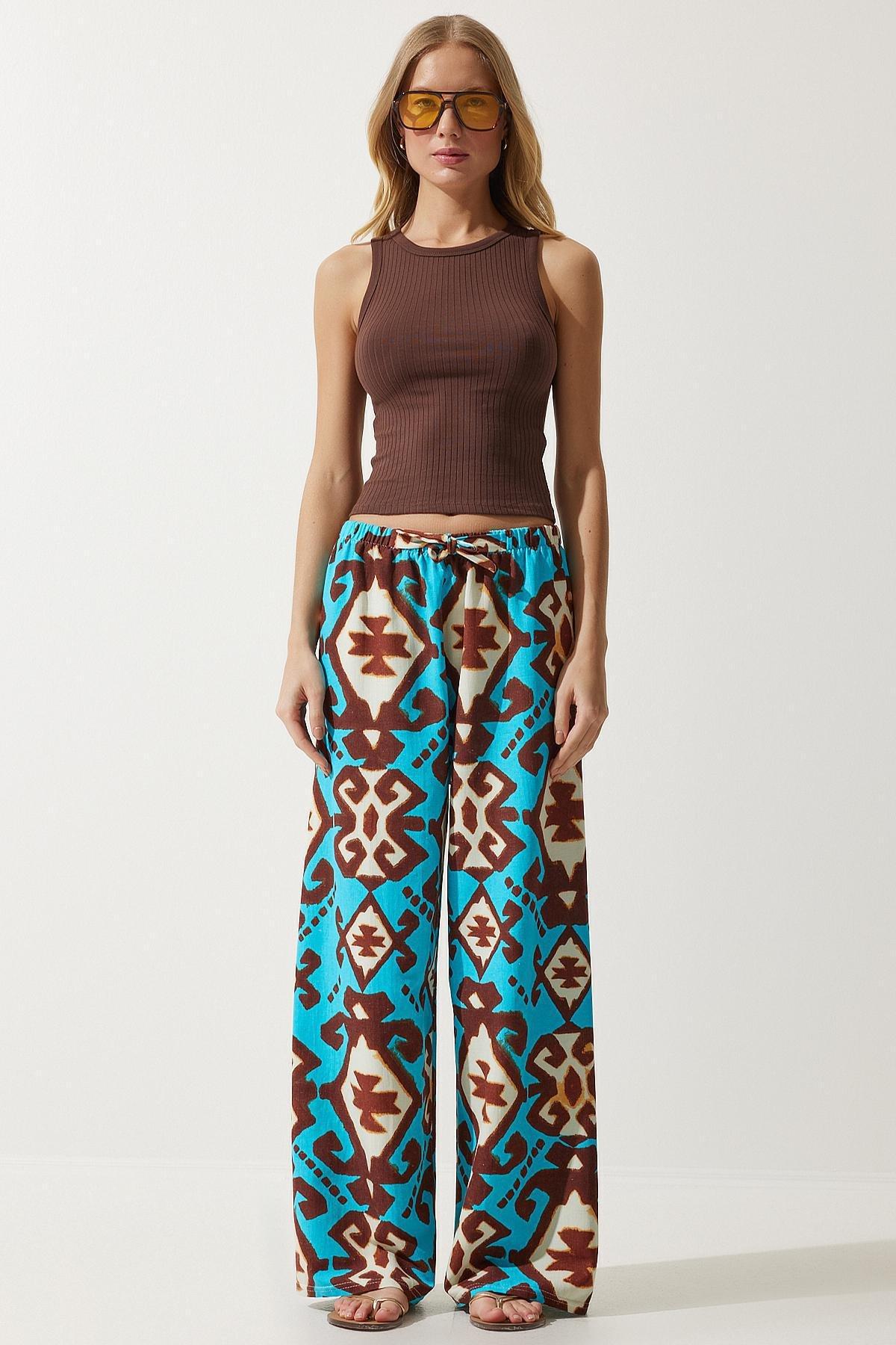 Blue Patterned Palazzo Trousers, , large image number 3