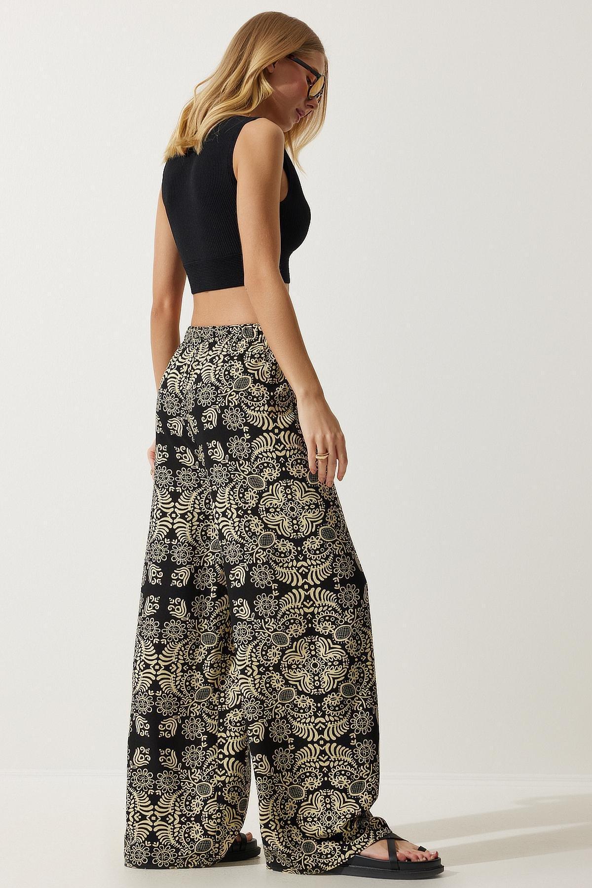 Black Patterned Palazzo Trousers, , large image number 1