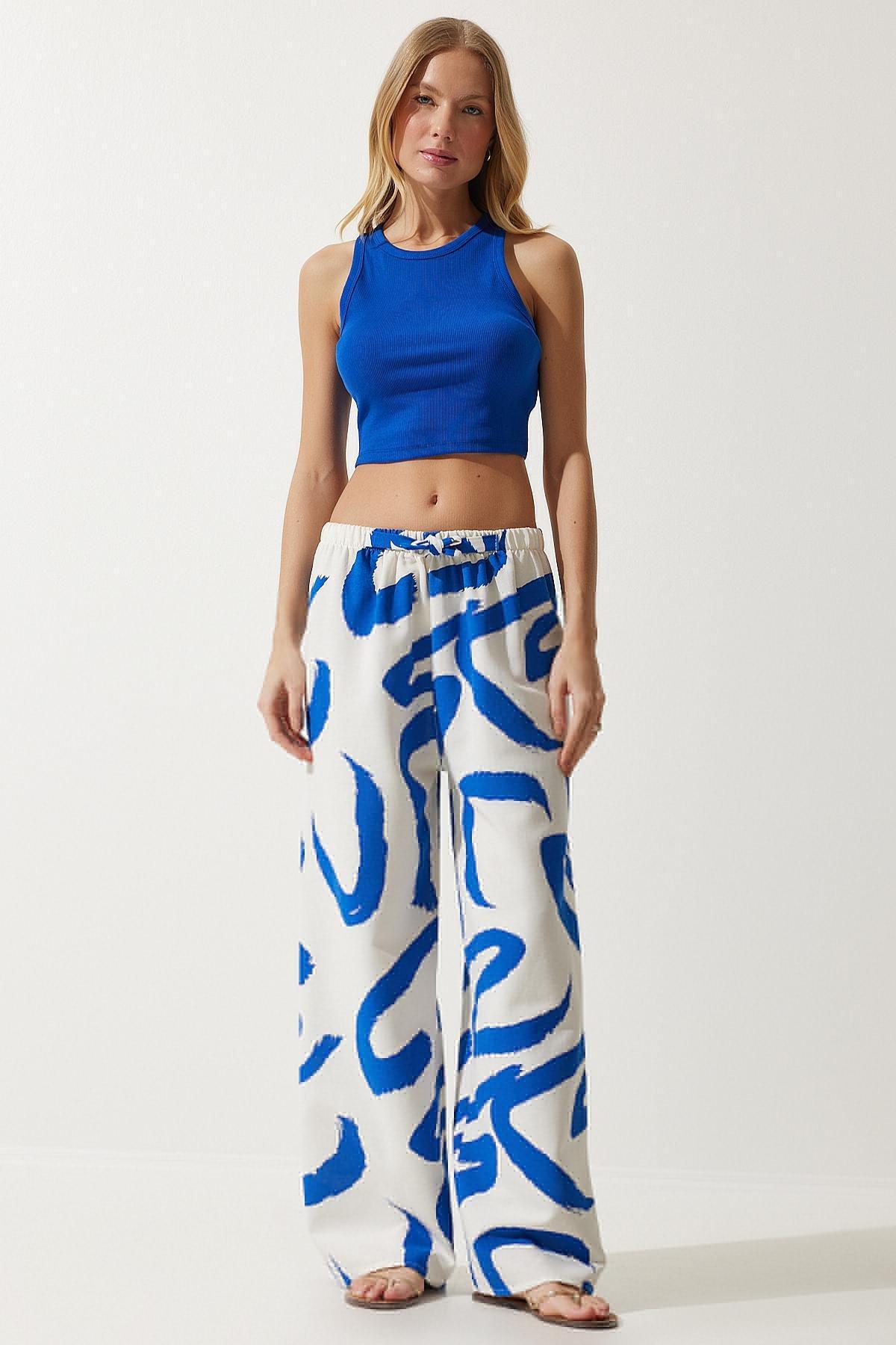 Blue Patterned Raw Linen Palazzo Trousers, , large image number 0