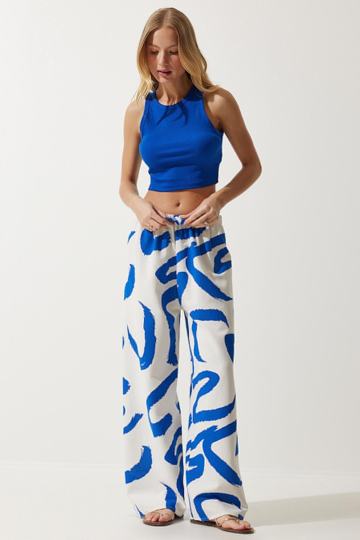 Blue Patterned Raw Linen Palazzo Trousers, , large image number 1
