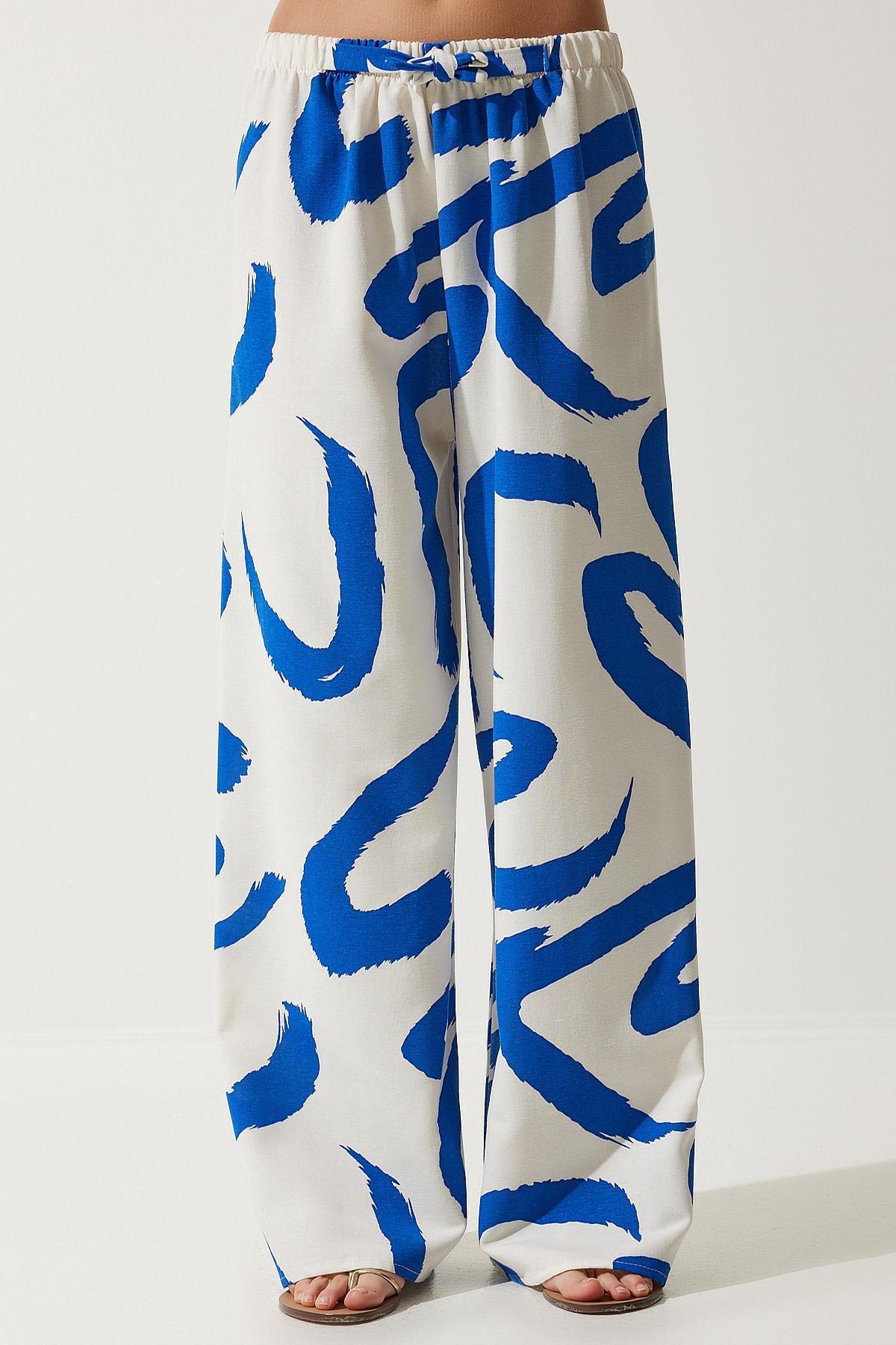 Blue Patterned Raw Linen Palazzo Trousers, , large image number 3